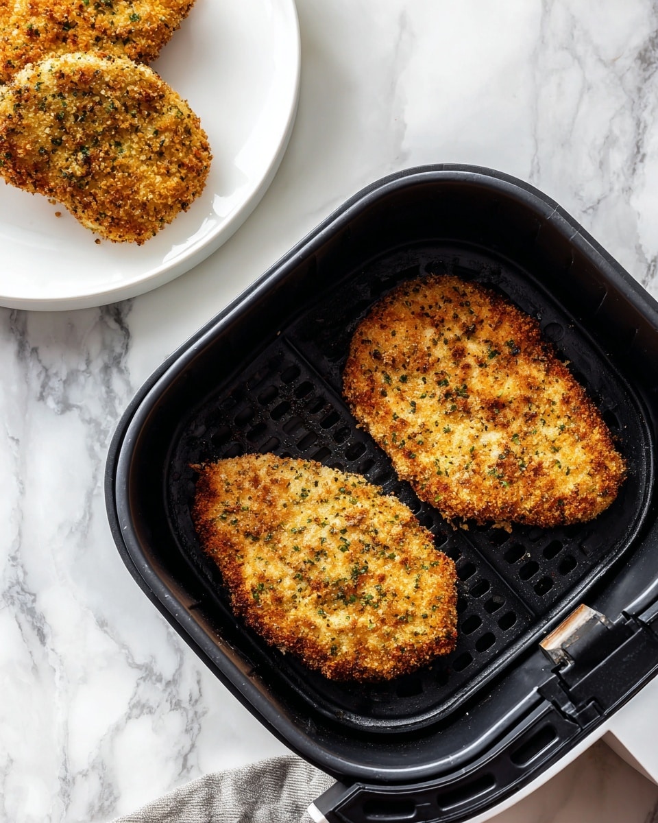Two pieces of breaded food are placed side by side in a black air fryer basket, showing a rough, golden-brown coating with some green specks. Nearby, a white plate holds another breaded piece partially visible on a white marbled surface. The air fryer basket is open, and the black interior contrasts with the breaded pieces. The surface below everything has a soft white marble texture with faint gray veins. Photo taken with an iphone --ar 4:5 --v 7