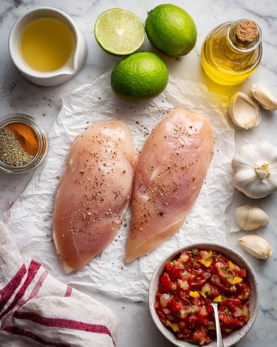 Two raw chicken breasts lie flat on a piece of white parchment paper, light pink in color with some white fat lines and specks of black pepper sprinkled on top. Above the chicken, a whole green lime and a half lime with visible segments are placed side by side on the white marbled surface. To the right, a small glass bottle of golden olive oil stands next to two bulbs of white garlic, some separated cloves nearby, and a whole light brown onion. At the top left, a small white cup holds a pale yellow liquid, likely broth. Below the chicken, on the left side, there is a small glass jar filled with light brown spice and a white spoon sticking out of it. On the bottom right corner, a white bowl is filled with chunky red salsa mixed with green and yellow pieces. A white and red striped cloth is partially visible in the lower left corner. photo taken with an iphone --ar 4:5 --v 7
