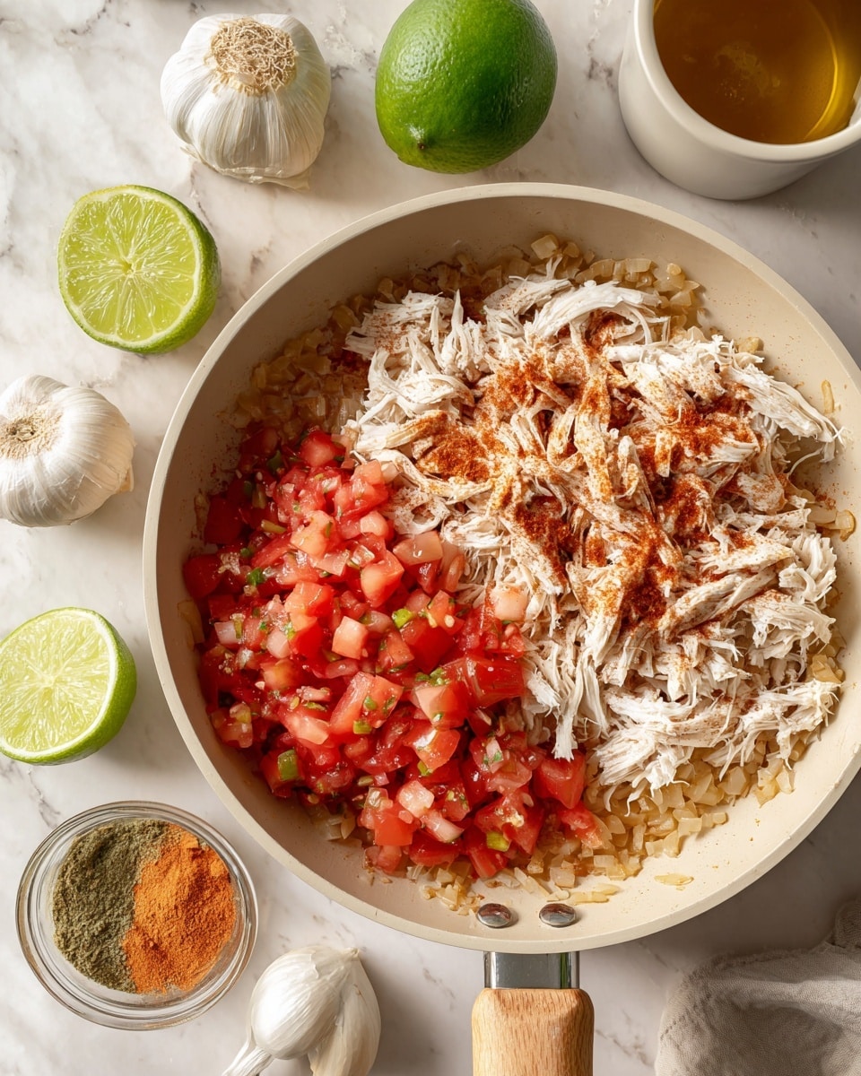 In a light beige frying pan with a pale wooden handle, there is one layer of light brown cooked onions at the bottom, topped with a second layer of shredded white chicken sprinkled with reddish-brown spices, and a third layer of chopped bright red tomatoes with bits of green peppers on top. The pan is placed on a white marbled surface. Around the pan, there is a whole bright green lime and a lime half cut showing green flesh, two white garlic bulbs with some peeled garlic cloves near them, a small clear container with orange-brown powder and a white spoon inside, a clear bottle with golden oil, and a small white cup filled with a light brown liquid. photo taken with an iphone --ar 4:5 --v 7