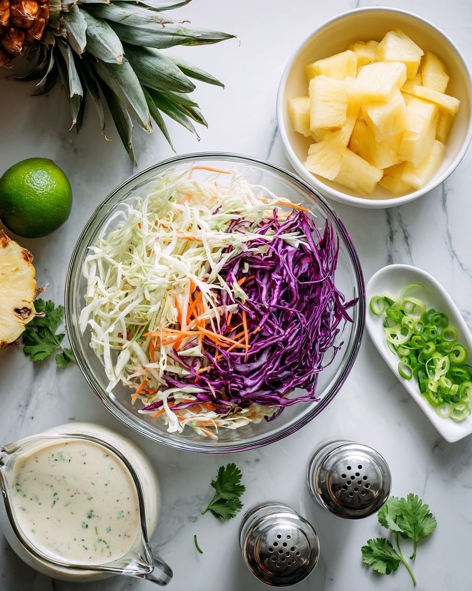 A clear glass bowl on a white marbled surface holds a mix of shredded white cabbage, purple cabbage, and some thin orange carrot strips, creating a textured and colorful salad base. Nearby, there is a white bowl filled with pale yellow pineapple chunks. To the right, a small white dish contains sliced green onions, while whole green onions lay next to it. Two silver shakers with small holes on top are placed on the surface. At the bottom, a white pouring jug holds a creamy white dressing with small green herbs mixed in. Fresh lime halves and green cilantro sprigs are scattered around, with a metal lime squeezer holding one lime half. Part of a whole pineapple is seen up at the top left corner. The photo has bright natural light and a clean, fresh setup. Photo taken with an iphone --ar 4:5 --v 7