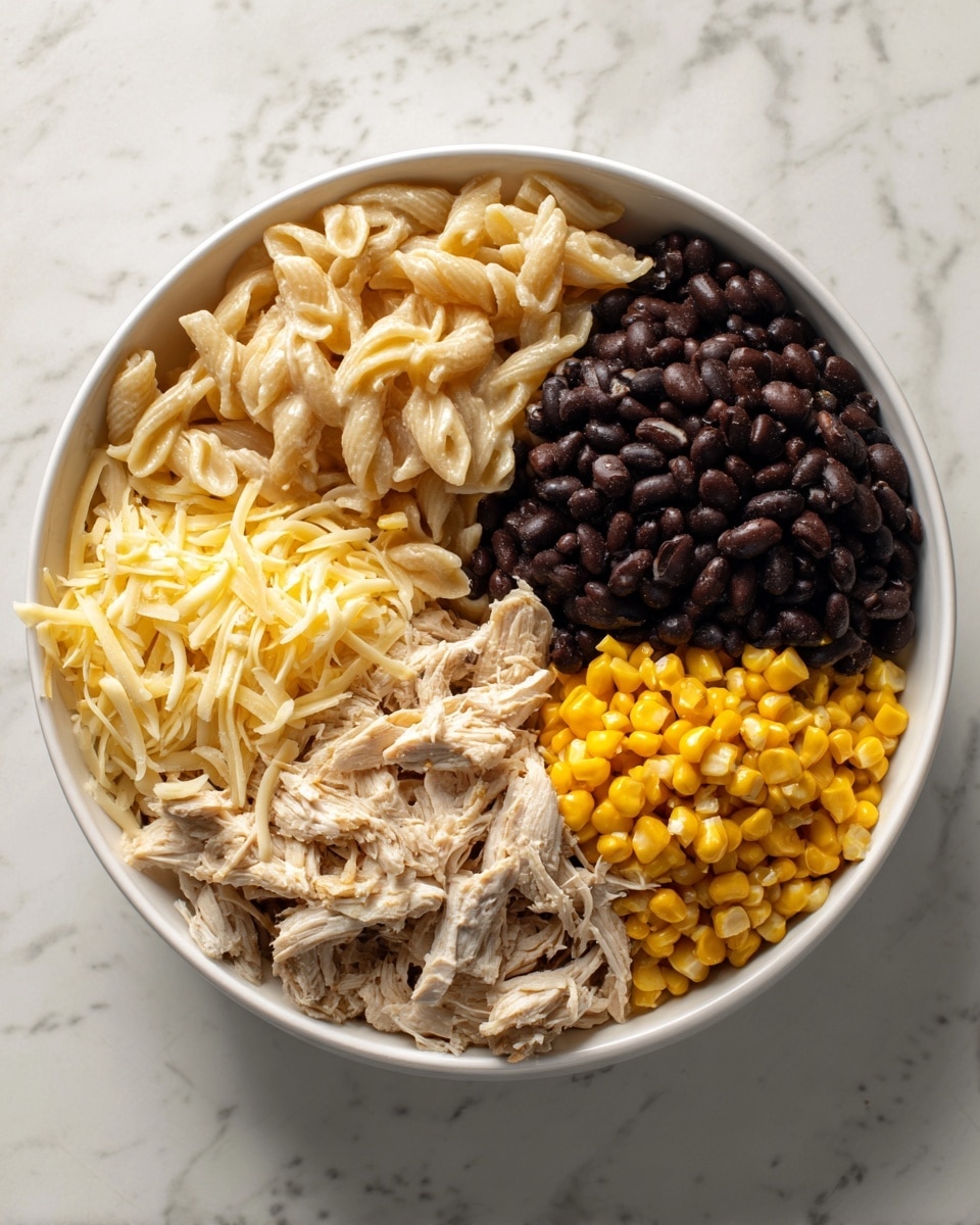 Inside a large white bowl on a white marbled surface, there are five main layers of ingredients arranged in separate sections. The top left section has light-colored cooked pasta with a creamy sauce. Next to it, in the top right, is a pile of dark brown black beans with a smooth and shiny texture. Below the black beans, near the bottom right, is a bright yellow corn layer, with small kernels scattered closely together. To the bottom center and left, there is shredded white chicken with a fibrous texture mixed with the corn and pasta sections. On the bottom left, shredded yellow and white cheese is heaped, its thin strands soft and slightly curly. Photo taken with an iphone --ar 4:5 --v 7