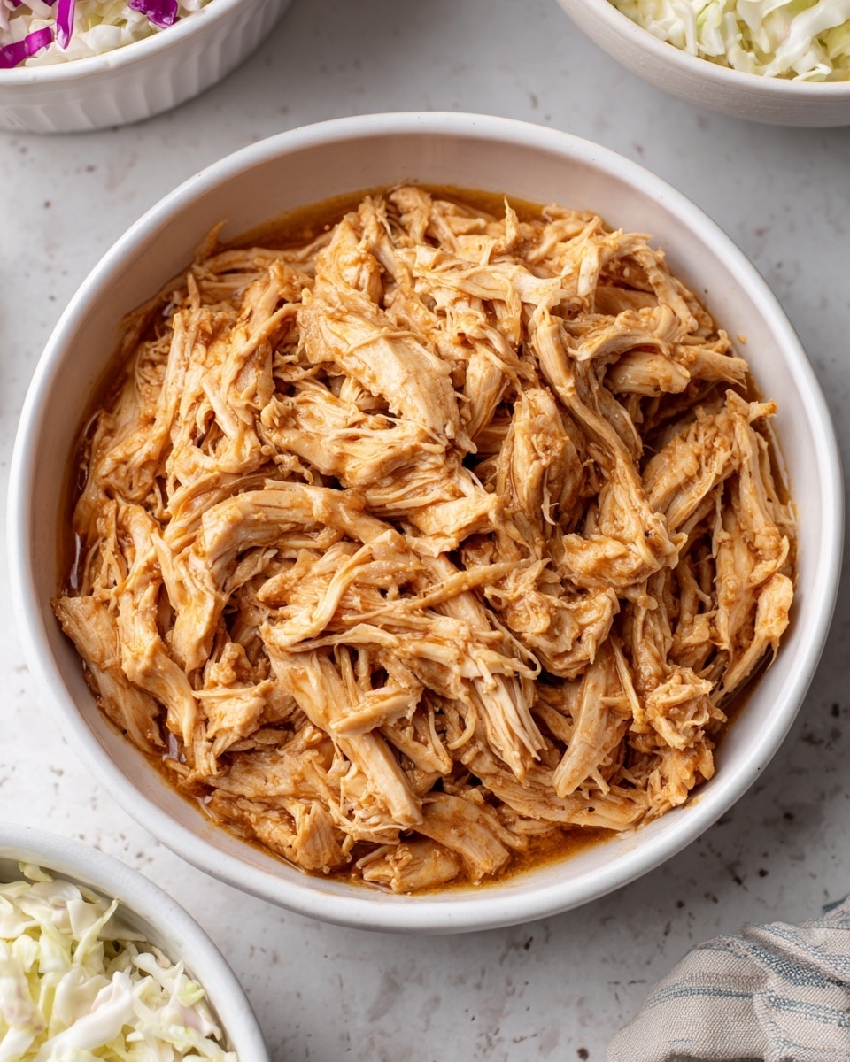 A close-up view of a white bowl filled with shredded chicken mixed in a light brown sauce, showing a soft and moist texture. The chicken pieces are fine and spread evenly across the bowl, soaking slightly in the sauce at the edges. Around the bowl, there are parts of other white bowls, one with coleslaw visible in the bottom left, and a white marbled textured surface below everything. The image captures the food in natural light with a clean and simple kitchen setting. Photo taken with an iphone --ar 4:5 --v 7