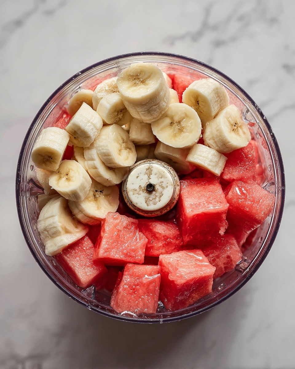 The image shows a clear food processor bowl filled with two layers of fruit: the bottom layer has large cubes of icy red watermelon, and the top layer has peeled banana pieces in pale yellow. The banana pieces are placed unevenly over the watermelon cubes, creating a mix of soft and icy textures. The food processor blade is visible in the center, slightly stained with some fruit juice. The whole scene sits on a white marbled surface. photo taken with an iphone --ar 4:5 --v 7