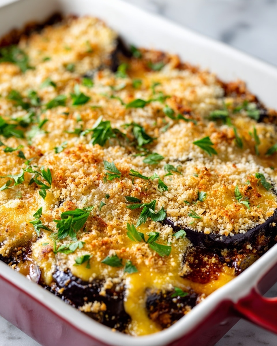 A rectangular white baking dish with red handles holds a baked casserole with two clear layers. The bottom layer is made of chunky dark brown and purple eggplant pieces, showing a soft texture and some shine. The top layer is a golden melted cheese crust with a slightly bubbly and browned surface, sprinkled with light-colored breadcrumbs and small green parsley leaves scattered across. A silver serving fork is inside, lifting a portion to reveal the layers clearly against a white marbled background. Photo taken with an iphone --ar 4:5 --v 7