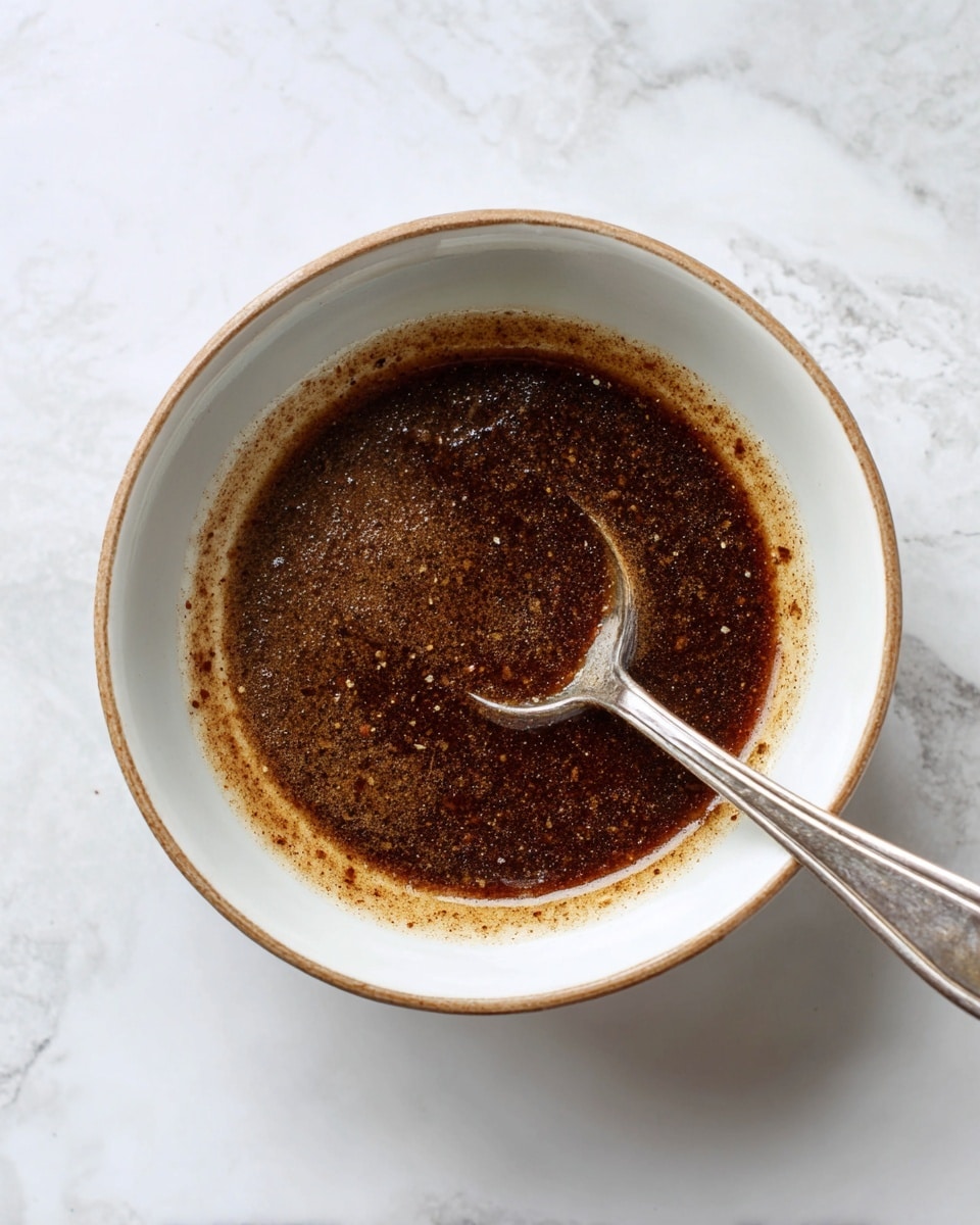 A white bowl with a light brown rim holds a dark brown sauce with a slightly thick and grainy texture, showing small bits mixed in it. A silver spoon is resting inside the bowl with its handle leaning out to the right side. The bowl is placed on a white marbled surface. photo taken with an iphone --ar 4:5 --v 7