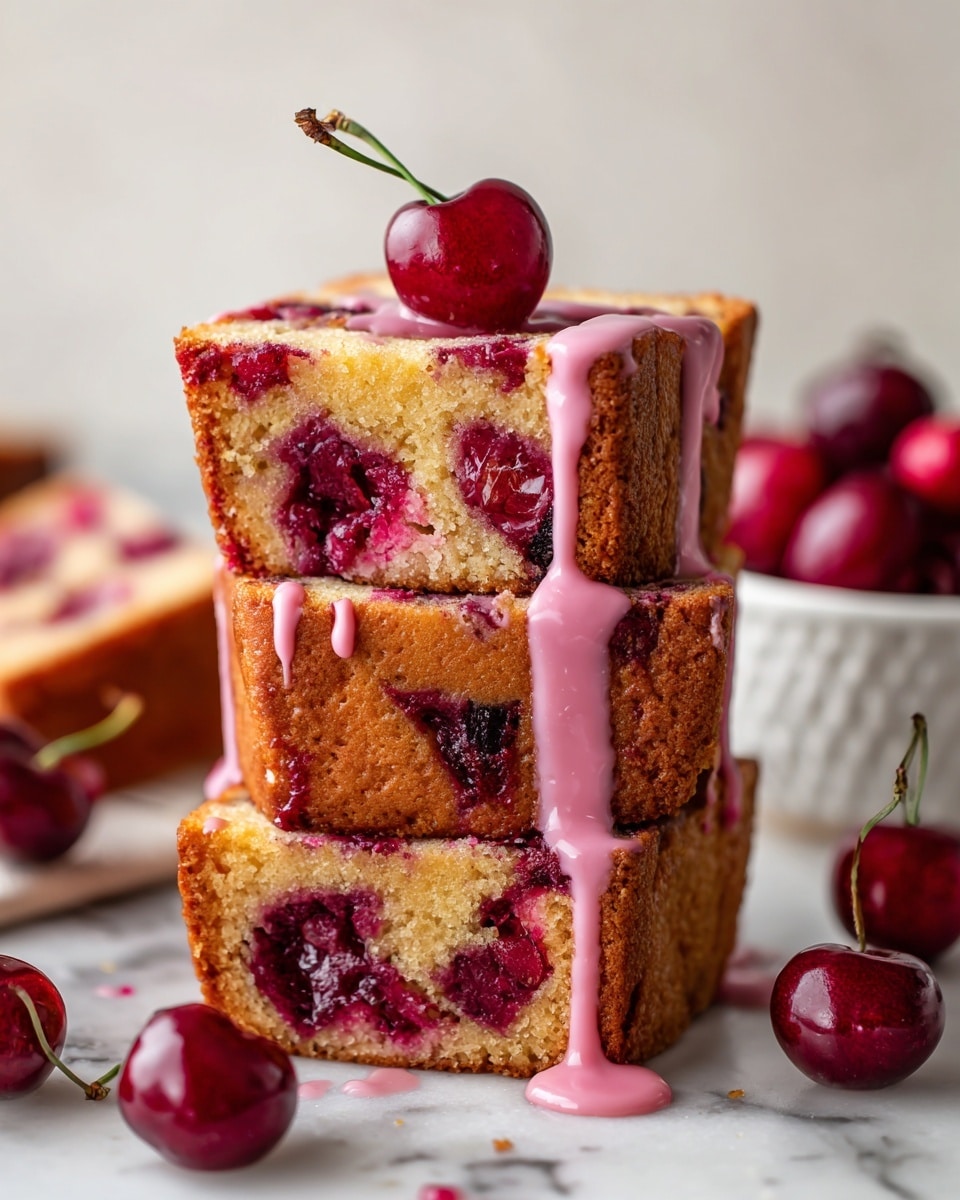 The image shows several thick rectangular slices of cherry bread pudding arranged closely together on a white marbled surface. Each slice has a golden-brown toasted crust with a soft, light beige inside, dotted with whole dark cherries. A pink glaze is drizzled unevenly over the top, contrasting with the darker cherries and bread. Four whole fresh cherries with green stems lie scattered across the slices, adding a fresh red and green touch. The texture of the bread looks fluffy and moist with some caramelized edges from baking. Photo taken with an iphone --ar 4:5 --v 7