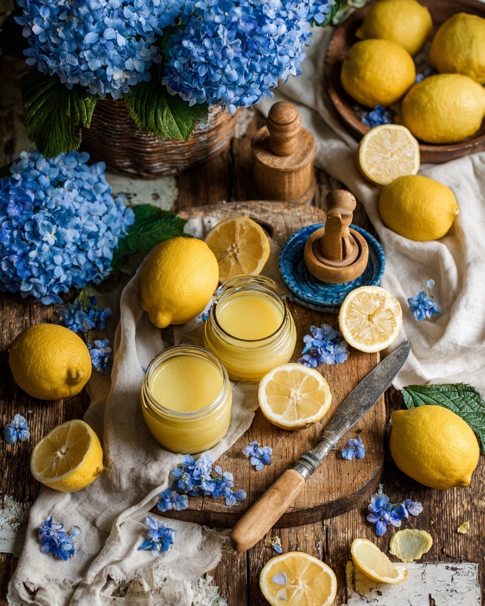 A rustic wooden table holds a spread of bright yellow lemons, some whole and some sliced into thin rounds revealing their juicy, pale interiors. The lemons are scattered over a beige cloth and a worn wooden board, which also holds a vintage knife with a light handle. Among the lemon slices are small light blue flower petals adding a soft contrast. Two small glass jars filled with smooth yellow lemon curd sit near the center, one with a spoon inside. A wooden citrus juicer is placed near halved and squeezed lemons. In the upper left corner of the table, a basket with lush clusters of vibrant blue hydrangea flowers and green leaves adds a pop of color. The setting contrasts with a wooden chair arm and a white marbled surface is imagined beneath the objects. photo taken with an iphone --ar 4:5 --v 7