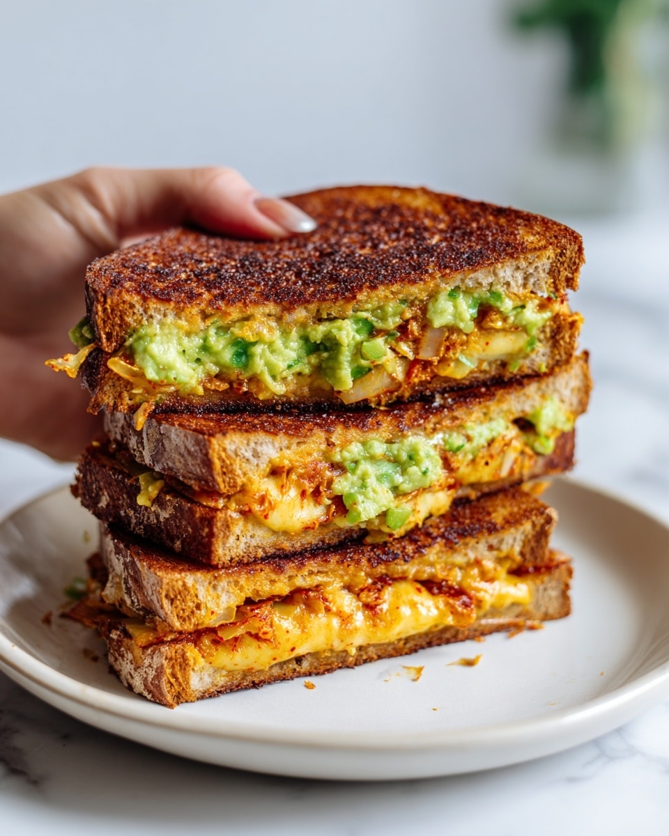A toasted sandwich on a white plate, cut in half diagonally and slightly separated. The sandwich has two dark golden brown slices of bread with a crispy texture. Inside, there are visible layers of melted orange cheese and a green spread, likely avocado or guacamole, with small bits of red and green peppers or herbs. The plate sits on a white marbled surface, with a beige-handled knife placed on the right side of the plate. The knife blade shows slight use. There are small green herb pieces scattered near the sandwich. Photo taken with an iphone --ar 4:5 --v 7