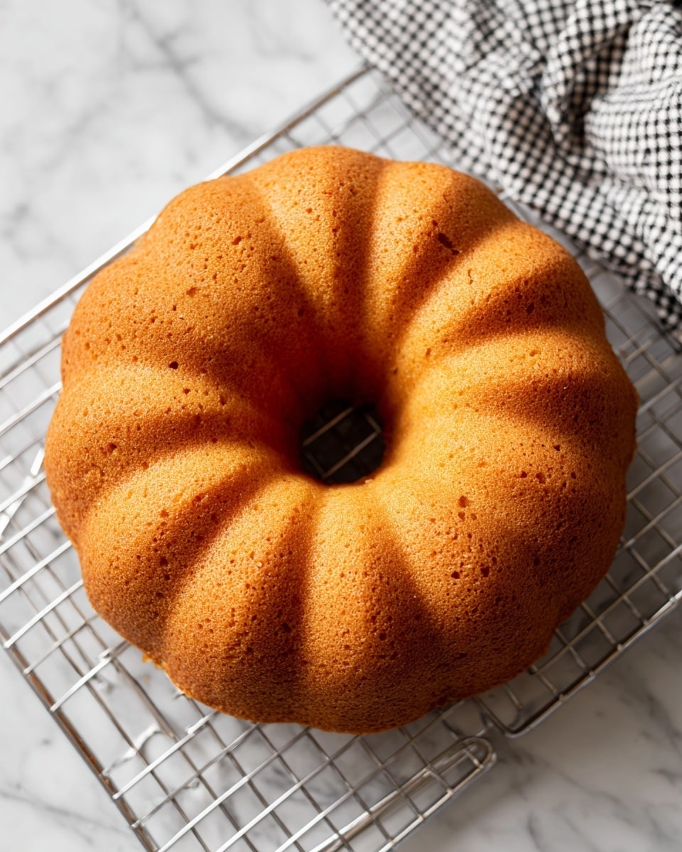 A single round bundt cake with a golden brown color sits on a silver cooling rack. The cake has a smooth, slightly textured surface with defined ridges and a central hole, showing a few small air pockets and lightly darker spots from baking. The background is a white marbled texture, and part of a white and black checkered cloth is visible in the corner. Photo taken with an iphone --ar 4:5 --v 7