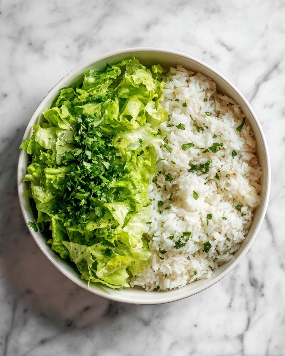 A white bowl sits on a white marbled surface, filled with two layers of food. The bottom layer is plain white rice with small bits of green herbs mixed in. The top layer is chopped green lettuce spread evenly over one side of the bowl, creating a clear division between the rice and the lettuce. Photo taken with an iphone --ar 4:5 --v 7