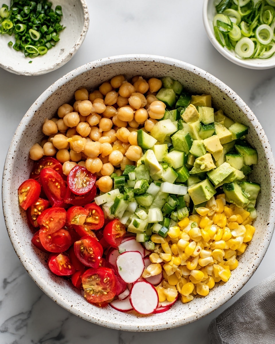 A close-up top view of a white speckled bowl filled with a fresh salad on a white marbled surface; the bowl is filled with several distinct layers: bright red cherry tomato halves on the left, pale beige chickpeas scattered around the bowl, medium green diced avocado pieces in the center, light green chopped cucumber chunks towards the top, bright yellow corn kernels on the bottom right, white and red radish pieces on the right, and dark green sliced green onions at the bottom left. A small white bowl with fresh green herbs and sliced green onions is visible in the upper left corner. photo taken with an iphone --ar 4:5 --v 7