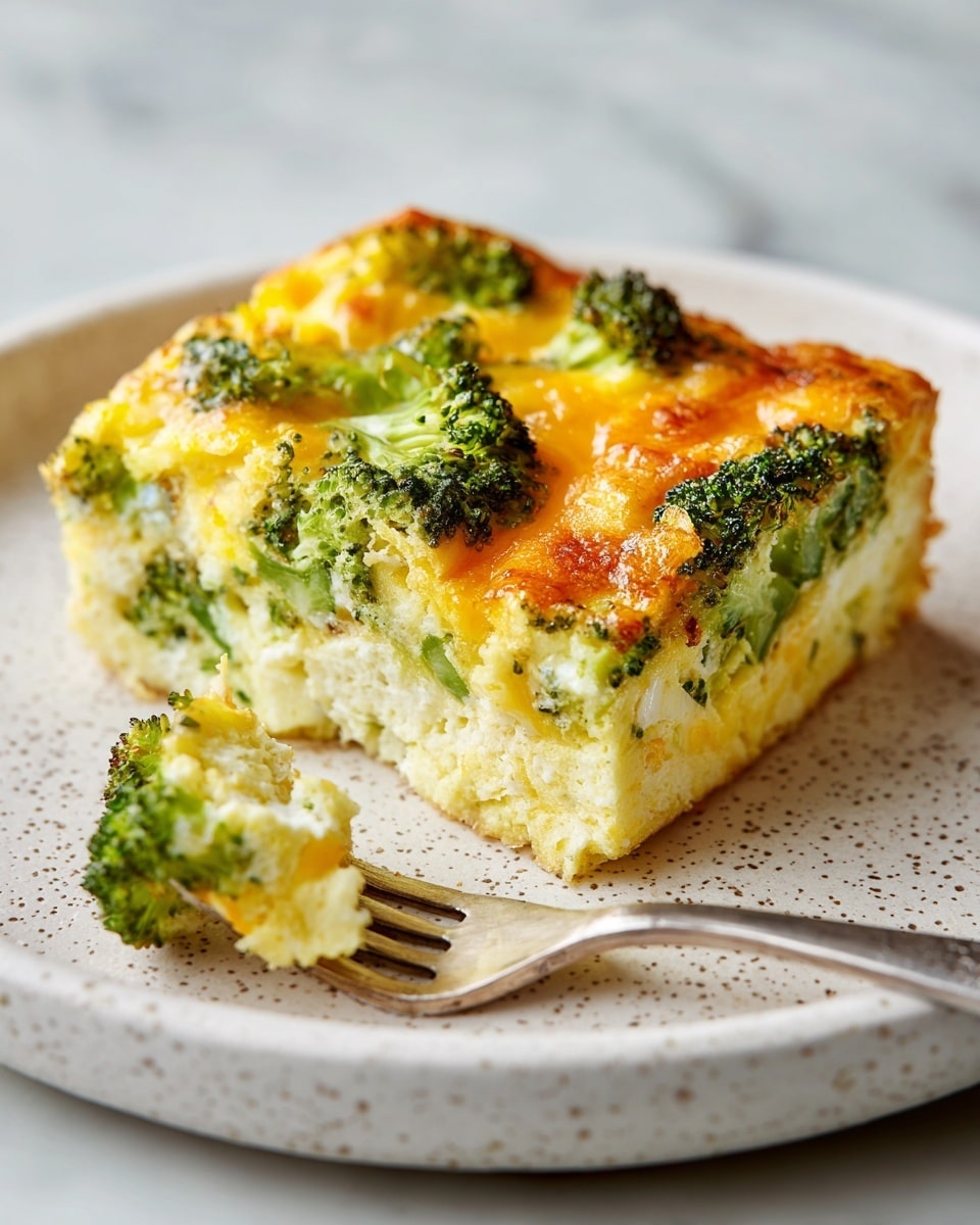 The image shows a single slice of broccoli and cheese egg casserole on a white speckled plate. The casserole has about two thick layers: the bottom is a light yellow, fluffy egg mixture, and the top contains bright green broccoli florets mixed with melted golden-orange cheese that looks slightly browned in places. A small chunk is broken off and lies next to the main piece, revealing the soft texture inside. A silver fork rests on the right side of the plate, and the plate is set on a white marbled surface with a soft focus background. photo taken with an iphone --ar 4:5 --v 7