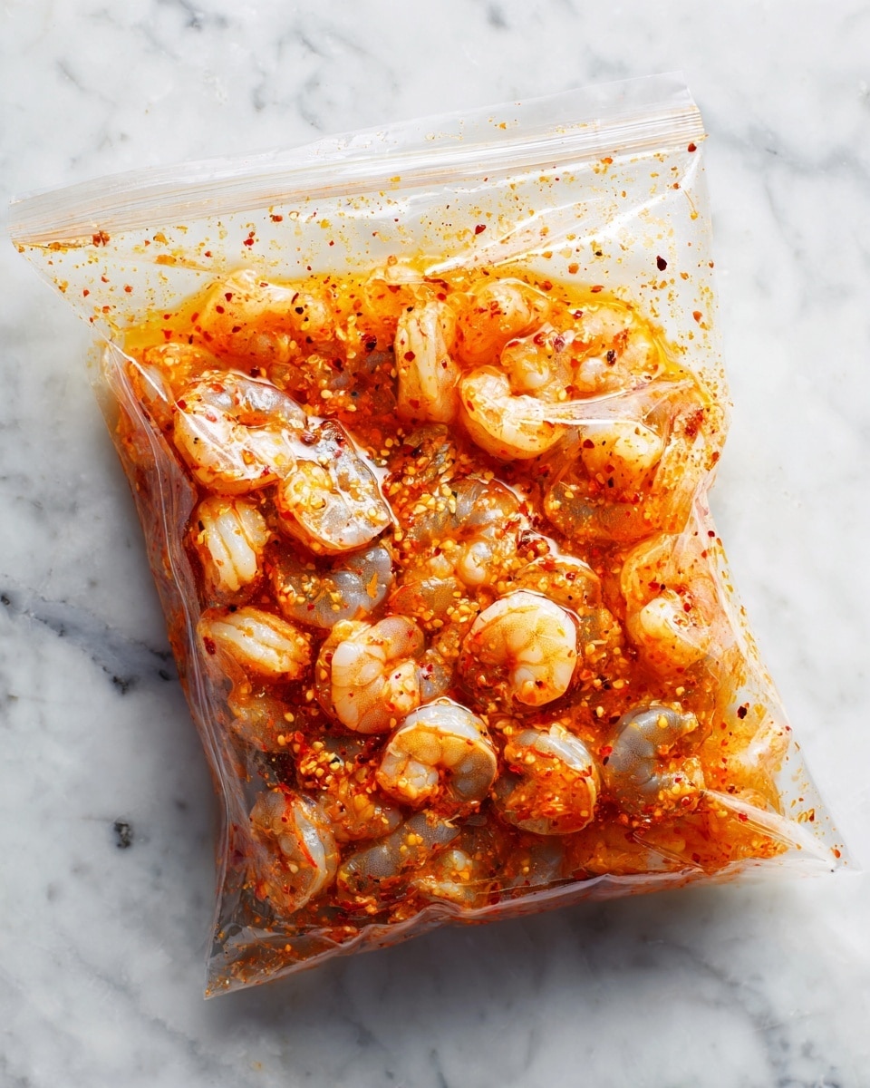 A clear plastic zipper bag filled with raw shrimp coated in an oily orange marinade with chili flakes floats throughout the bag. The shrimp are a mix of grey-blue and translucent colors, layered closely inside the bag, which lays flat on a white marbled surface. The marinade creates a slick, shiny layer inside the bag, giving the shrimp a wet, glossy appearance. Photo taken with an iphone --ar 4:5 --v 7