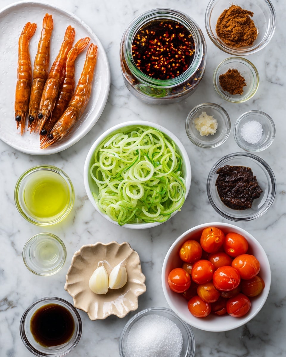 The image shows various small bowls and plates with different ingredients on a white marbled surface. There is one white plate holding two long orange chili peppers and several small dried shrimp. Nearby, a clear glass jar contains a dark brown sauce with red chili flakes. A white bowl holds several bright red cherry tomatoes cut in halves, and a white bowl is filled with thin, light green spiraled vegetable strips. Two garlic cloves in their shells rest on a small beige plate with a scalloped edge. Other glass bowls contain light yellow-green liquid, dark brown liquid, and light tan powder. A small dark bowl is filled with white granulated salt, and a white bowl holds a dark brown paste. The items are neatly arranged and spaced out on the surface, creating a clean and organized look photo taken with an iphone --ar 4:5 --v 7