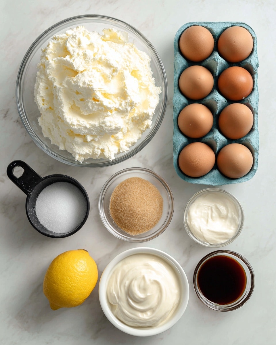 The image shows a top view of several ingredients arranged neatly on a white marbled surface. At the top left, there is a large clear glass bowl filled with white, fluffy ricotta cheese that looks soft and creamy. To the right of the bowl, six brown eggs are placed in a sky blue egg tray with a scalloped shape. Below these, a small glass bowl contains light brown sugar with white granulated sugar on top, creating a layered texture. To the left of that, a black measuring cup is filled with white granulated sugar. Next to the sugar, at the bottom left, is a whole lemon with a bright yellow, textured peel. On the right side, a small white bowl holds smooth, creamy white cream cheese. Finally, next to it is a small glass cup filled with dark brown vanilla extract. All ingredients are spaced evenly on the surface. photo taken with an iphone --ar 4:5 --v 7