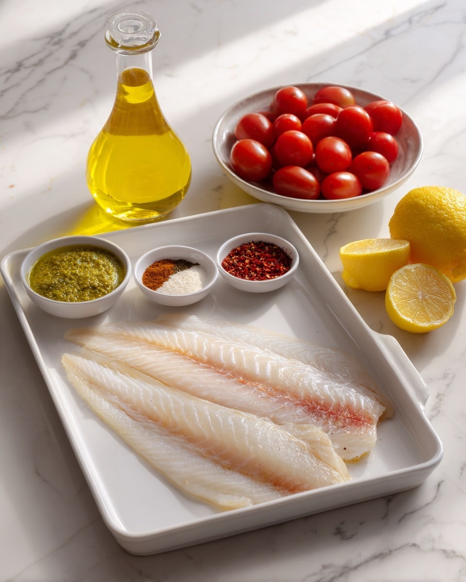 The image shows a large white fish fillet laid flat on a white tray with a shiny texture. On the top left corner of the tray, there is a clear glass bottle filled with yellow olive oil. Next to it is a small white dish divided into two sections holding brown and white spices. Below the fish fillet, a small white bowl contains a thick green sauce, and beside it is a smaller white bowl filled with red chili flakes. To the right of the tray, there are bright red cherry tomatoes inside a white bowl, and two halved bright yellow lemons placed on the white marbled surface along with a whole lemon. The setting is bright and clean, with a white marbled background. photo taken with an iphone --ar 4:5 --v 7