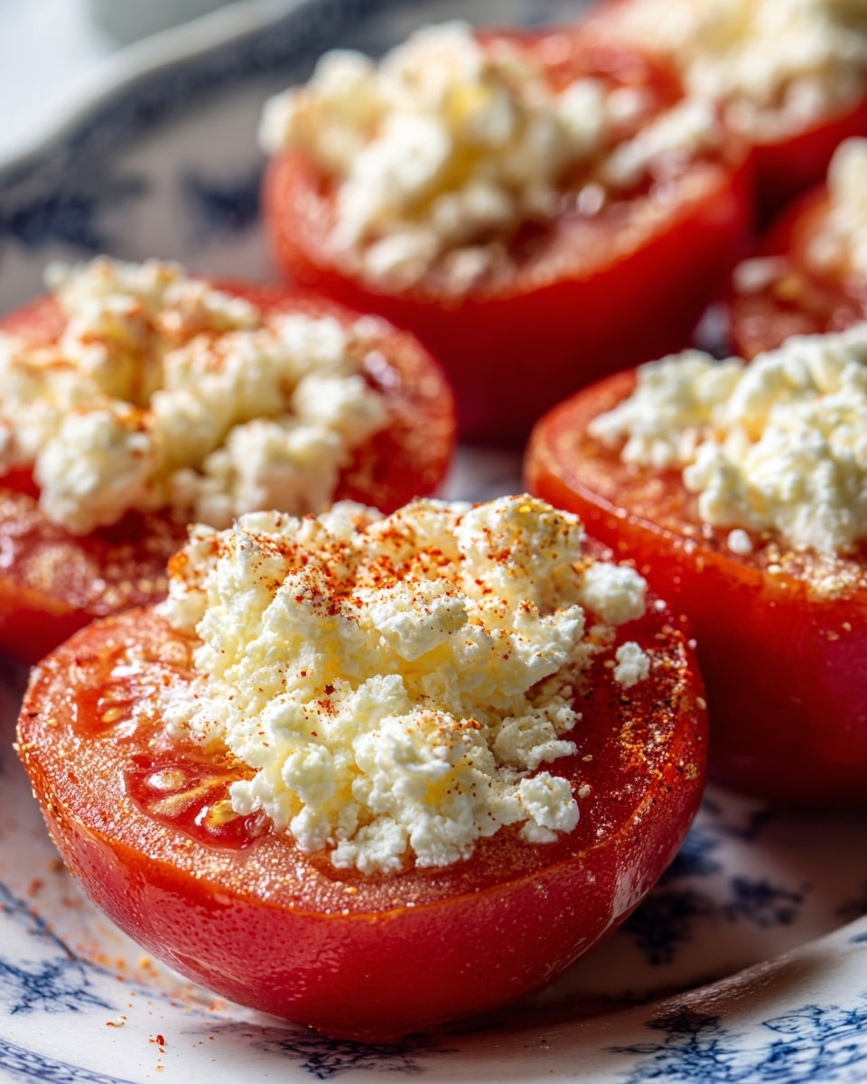The image shows several red tomato halves arranged closely together, each topped with a white, fluffy layer of crumbled cheese. The cheese has a soft, slightly grainy texture and is sprinkled with small flakes of red seasoning, adding contrast. The tomatoes have a juicy, glossy surface with visible pulp and seeds. The scene is set on a white marbled texture with a hint of a white plate with blue patterns visible around the edges. The focus is on the front tomato half, making the others appear softly blurred in the background. photo taken with an iphone --ar 4:5 --v 7