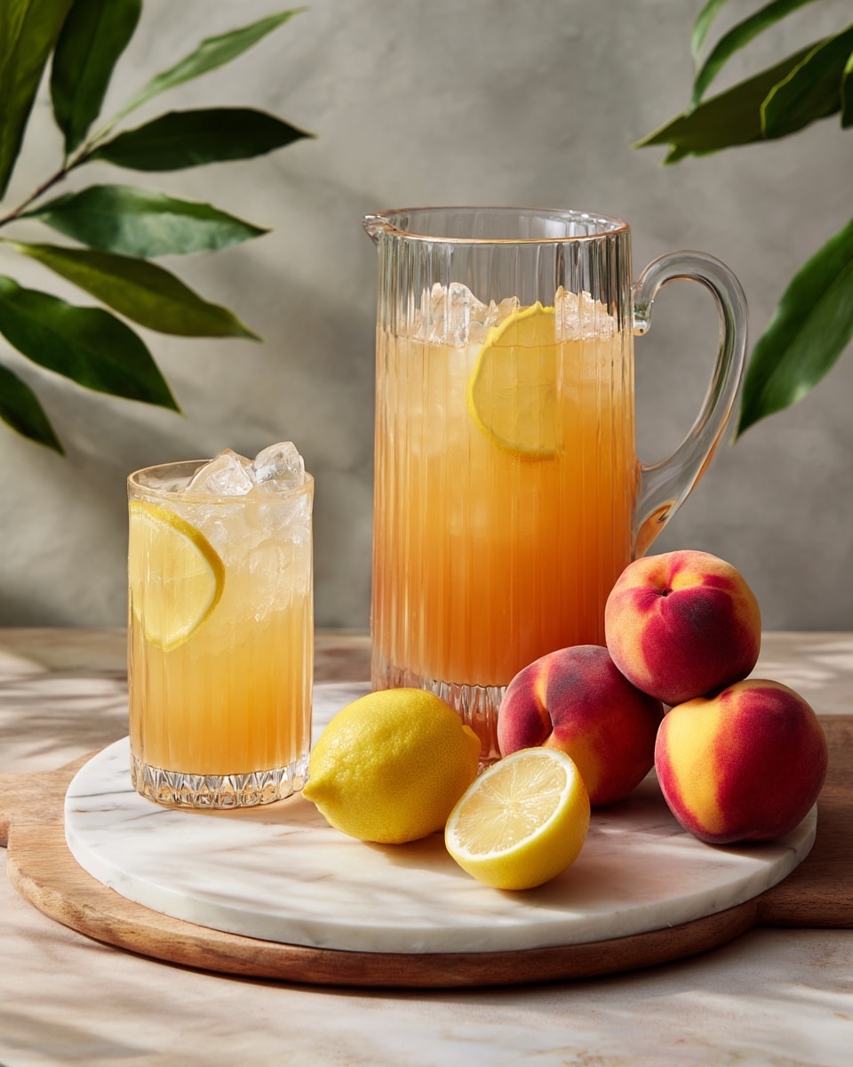 A tall clear glass pitcher with vertical ridges is half-filled with a light orange drink. In front of the pitcher, there is a white marble surface holding three whole peaches with red and orange skin, two lemon wedges, and one half of a lemon showing its inside. To the left, a clear glass with ice and a slice of lemon inside holds the same orange drink. The whole scene is set on a round wooden board with a green leafy plant in the background. Photo taken with an iphone --ar 4:5 --v 7