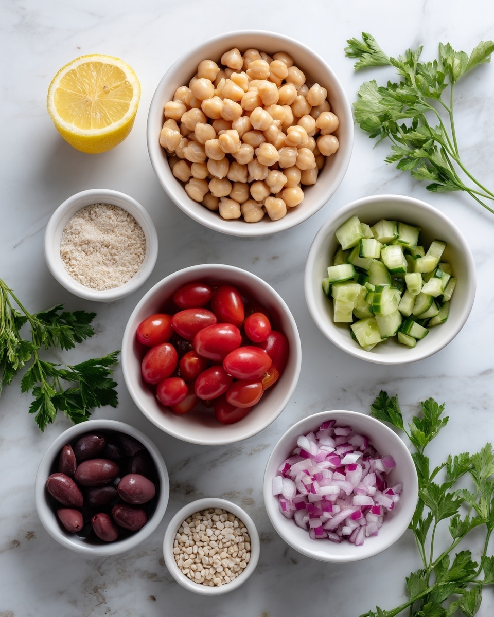 The image shows six white bowls arranged on a white marbled surface. The largest white bowl at the top center is filled with round beige chickpeas. To its right, a smaller white bowl holds small diced light green cucumber pieces. Below the chickpeas, a medium white bowl is filled with shiny red grape tomatoes. At the bottom right, a medium white bowl contains tiny off-white grains. Below the chickpeas and to the left, a small white bowl is filled with finely chopped red onions, showing pink and white pieces. At the bottom left, a small white bowl holds dark purple olives. To the left of the bowls, there is a halved bright yellow lemon and fresh green parsley leaves spread around. The overall setting is bright and clean, with natural light. photo taken with an iphone --ar 4:5 --v 7