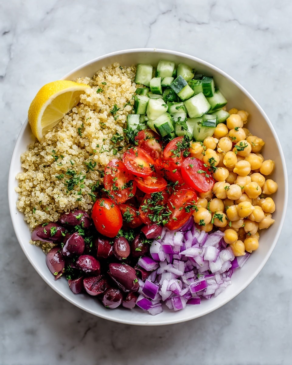 A white bowl sits on a white marbled surface with a colorful salad inside, arranged in separate sections. Starting from the left, there is a layer of light tan quinoa with a fluffy texture, followed by small diced green cucumber pieces at the top right. Next to the cucumber are round, light yellow chickpeas on the far right. At the bottom right are finely chopped purple-red onions, above which are dark purple sliced olives. In the center, bright red halved cherry tomatoes and whole small tomatoes are garnished with chopped green herbs, likely parsley, adding a fresh touch. A half lemon is placed at the top left corner of the white marbled surface. Photo taken with an iphone --ar 4:5 --v 7