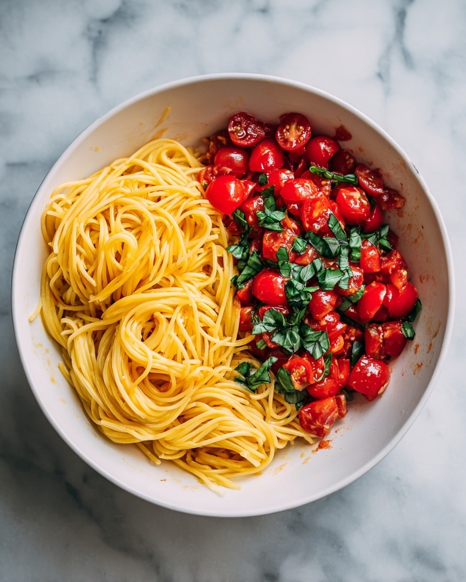 A white bowl filled with two main layers: on the right side, a nest of smooth, yellow spaghetti noodles neatly coiled, and on the left side, bright red cherry tomato pieces mixed with chopped green basil leaves, creating a fresh and vibrant contrast. The bowl sits on a white marbled surface with some sauce splatters on the inner sides of the bowl. photo taken with an iphone --ar 4:5 --v 7