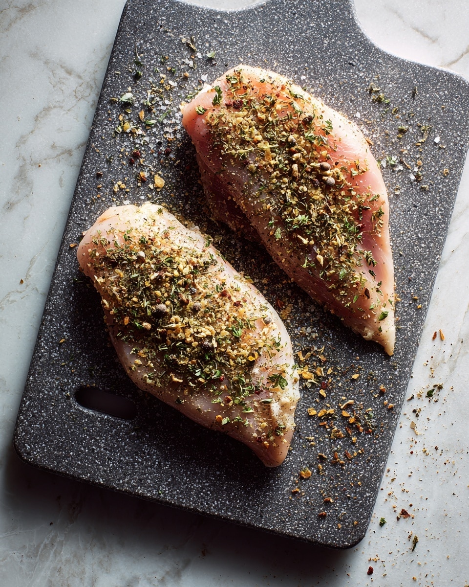 Two raw chicken pieces lay side by side on a dark gray speckled cutting board with a handle hole at the bottom. Each piece is sprinkled evenly with a mix of dried herbs and spices, giving them a textured look with light green and brown flecks. The cutting board rests on a white marbled surface that adds a clean, bright background to the image. The lighting highlights the smooth, slightly shiny surface of the seasoned chicken. Photo taken with an iphone --ar 4:5 --v 7
