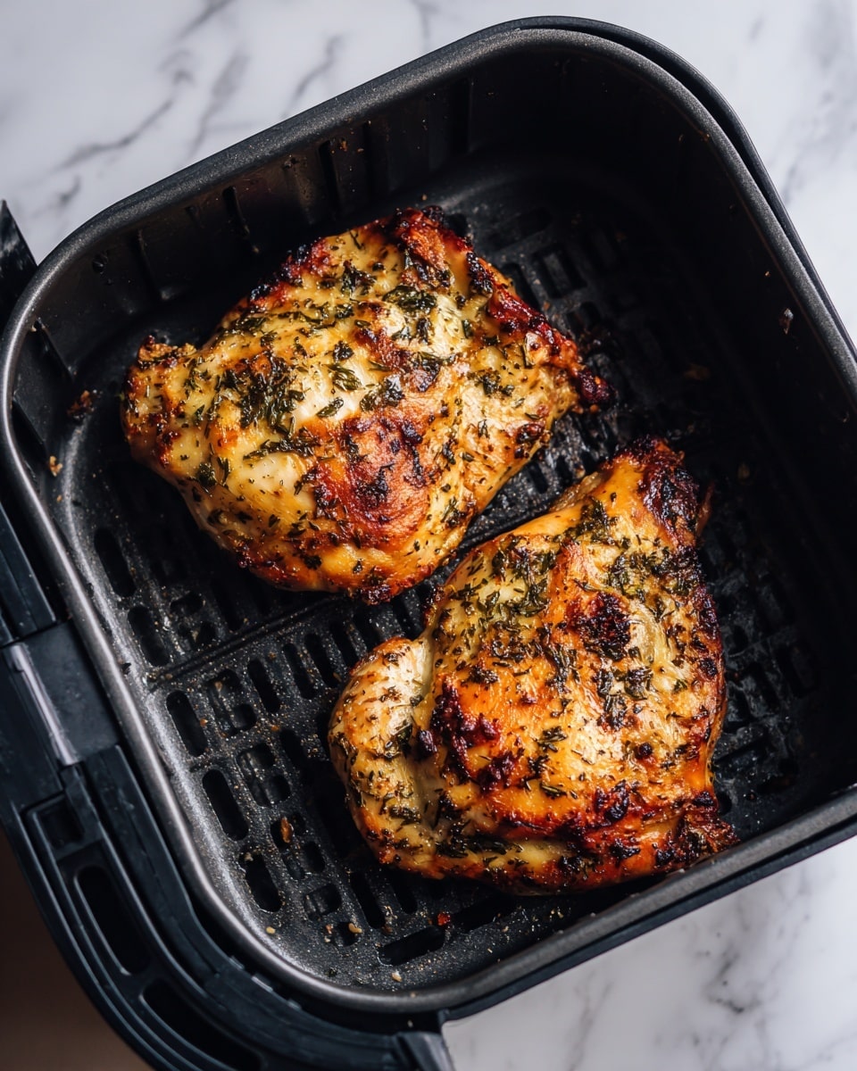 Two cooked chicken pieces with a golden brown, slightly crispy surface cooked with visible herbs and spices sit inside a black air fryer basket. The chicken pieces have some darker charred spots and a textured look from the seasoning. The basket has a few small food bits and a grid pattern underneath the chicken. The background is a white marbled surface. photo taken with an iphone --ar 4:5 --v 7