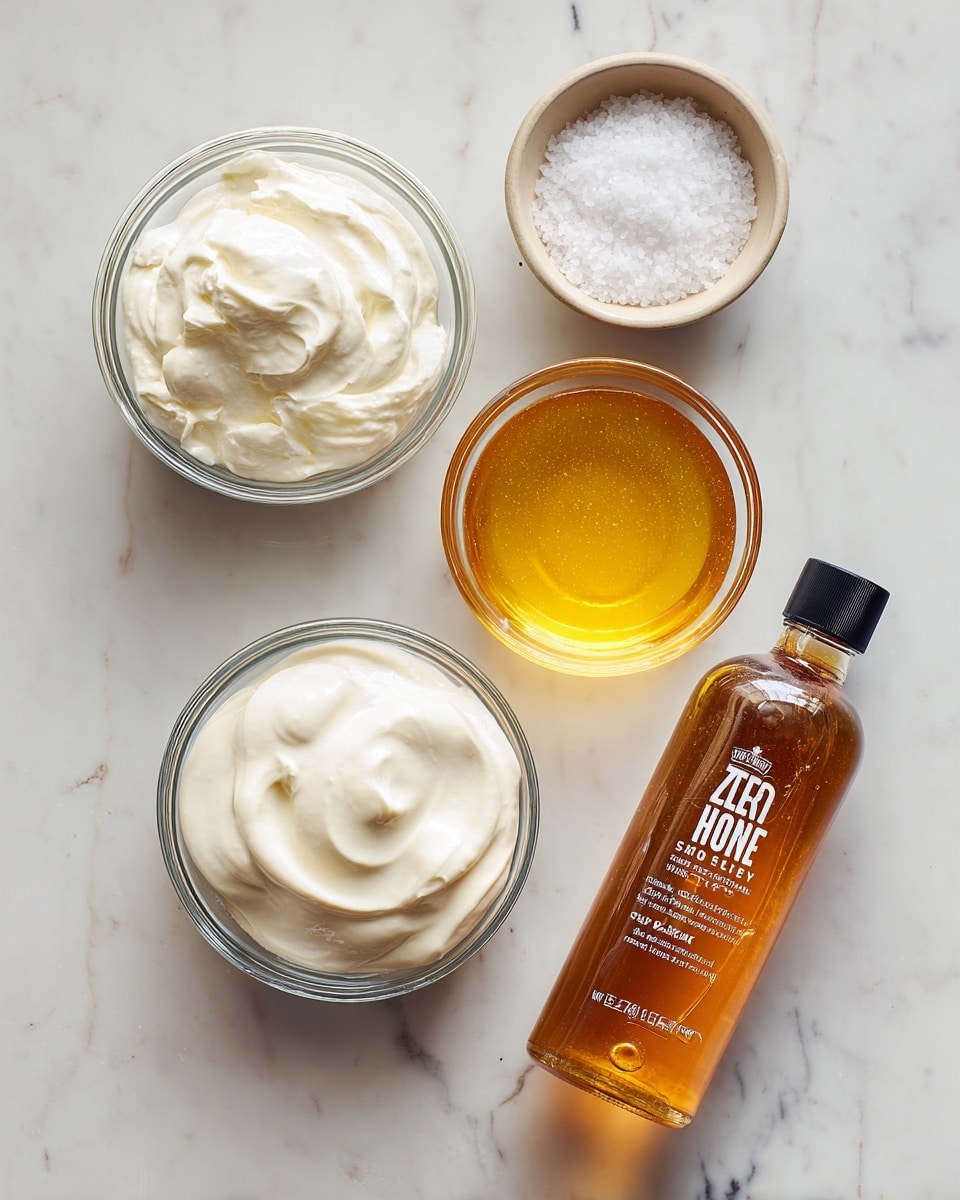 A white marbled surface holds four clear glass bowls and a honey bottle arranged neatly. The largest bowl at the bottom left holds thick plain yogurt with a smooth creamy texture and off-white color. Above it to the left is a smaller bowl with heavy cream, also white but thinner in texture. To the right of the cream bowl is a medium bowl filled with honey, a rich golden yellow liquid with a slightly thick shine. Above the honey bowl is a small bowl containing coarse white sea salt. On the right side of the surface, a clear plastic bottle labeled