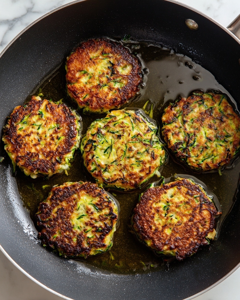 A black frying pan holds five small round zucchini pancakes, each with a golden brown crispy surface and visible green zucchini shreds mixed in a light batter. The pancakes are spaced evenly around the pan, sitting in a thin layer of oil that reflects light. The pan's interior is non-stick black, and the background beneath the pan is a white marbled texture. photo taken with an iphone --ar 4:5 --v 7