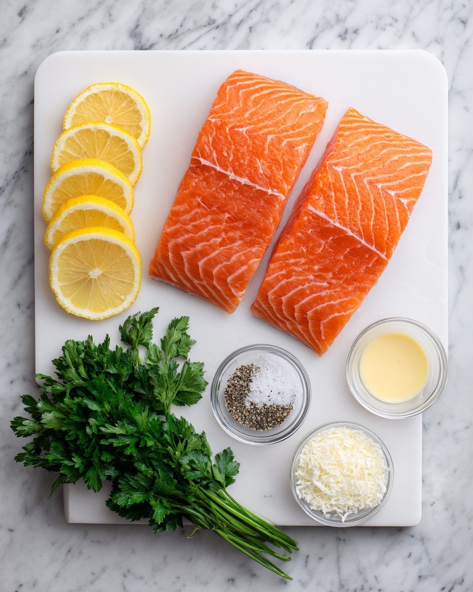 Two pieces of raw orange salmon with visible white lines lie on a white rectangular cutting board at the center left, next to several thin yellow lemon slices arranged in a fan shape on the white marbled surface. At the center right, a bunch of fresh dark green parsley rests on the white marbled surface. Above the parsley are three small clear glass bowls containing black pepper, grated white cheese, and a pale yellow sauce, all arranged neatly on the white marbled surface. The photo is bright and clean, with a white marbled background. Photo taken with an iphone --ar 4:5 --v 7