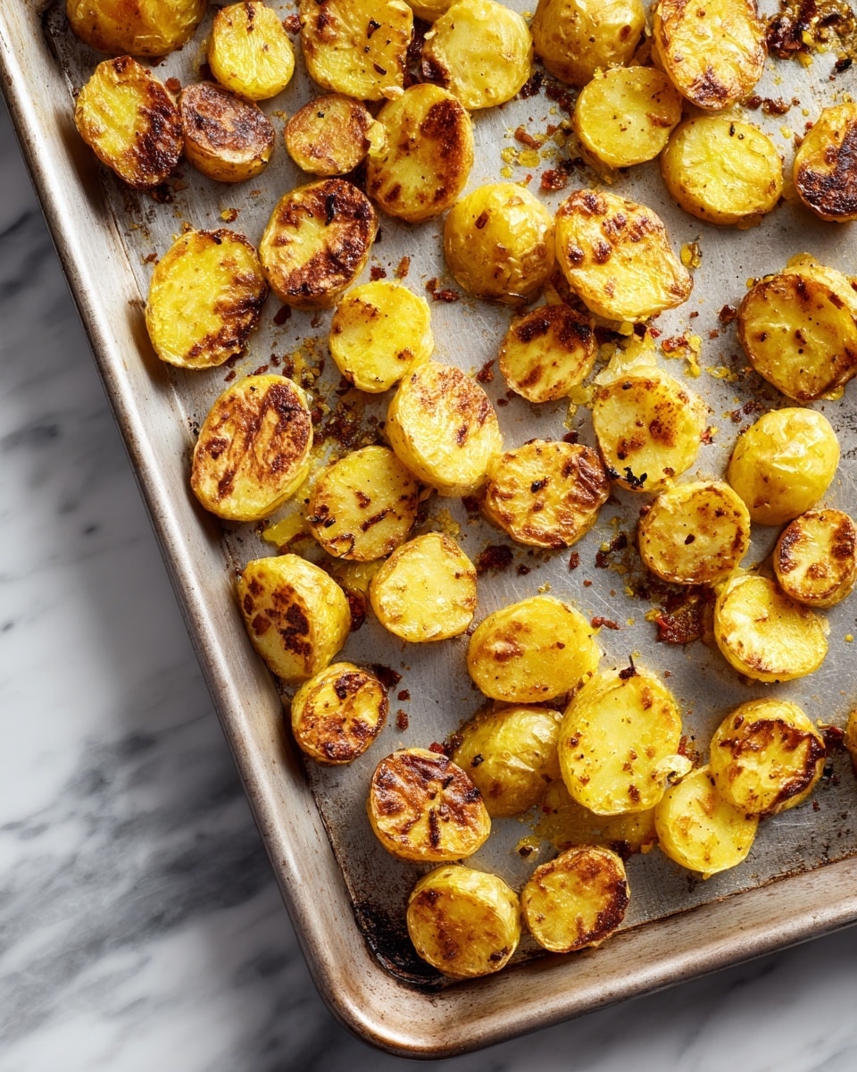 This image shows a metal baking tray with about twenty small roasted potato pieces scattered across it. Each piece is golden yellow with some darker brown roasted spots, showing crispy edges and a soft interior. The tray has some scattered seasoning bits and slight browning from roasting, adding texture. The background is a white marbled surface. photo taken with an iphone --ar 4:5 --v 7