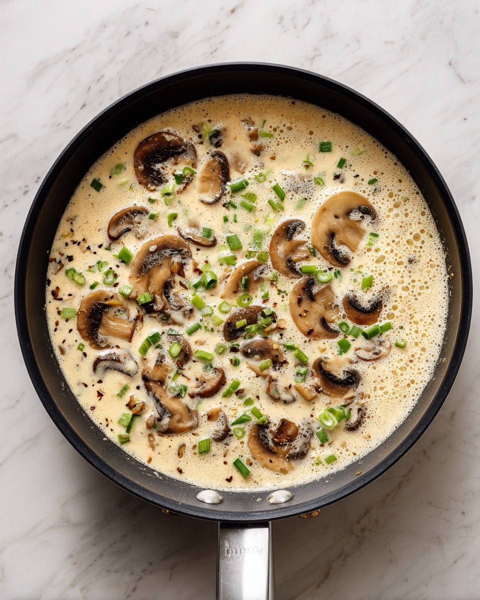 The image shows a black pan with a creamy mushroom sauce inside. The sauce has three visible layers: the base is light beige cream with small bubbles, the middle consists of sliced brown mushrooms spread evenly, and the top has small green scallion pieces scattered all over. The sauce looks warm and slightly thick. The pan has a white handle, and the pan rests on a white marbled surface. Photo taken with an iphone --ar 4:5 --v 7
