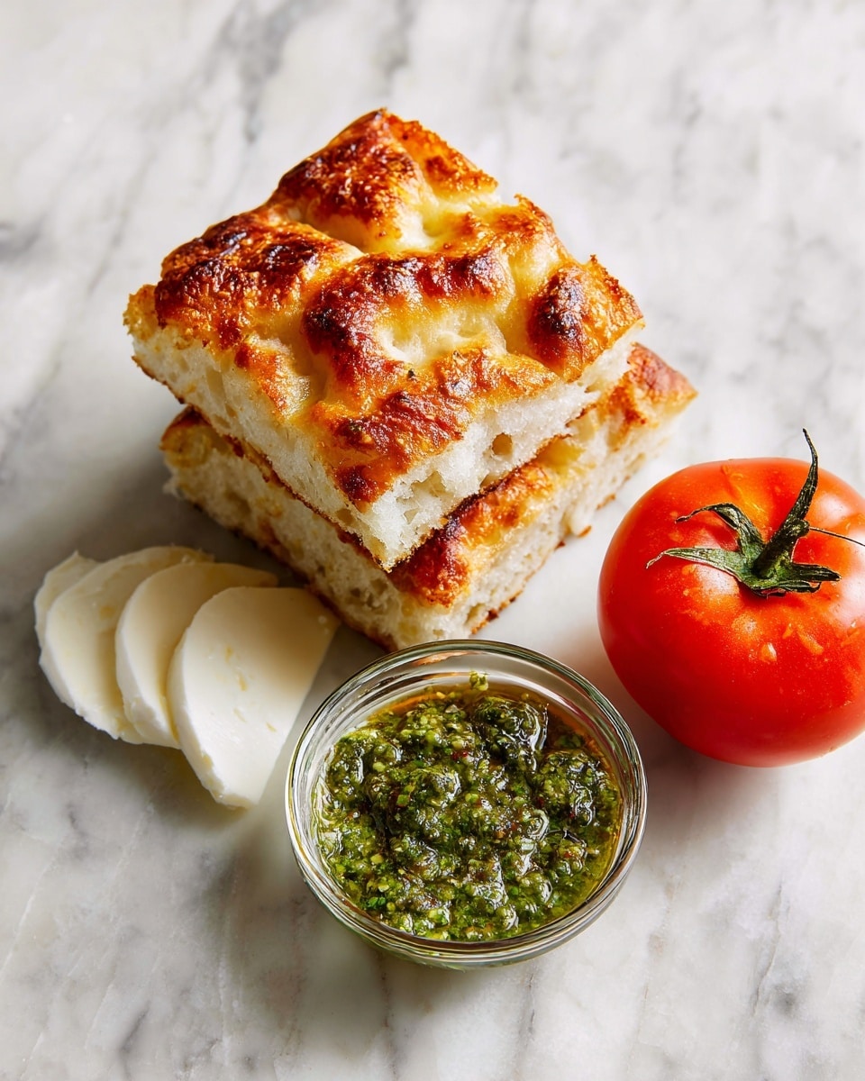 The image shows two square pieces of golden brown focaccia bread with a slightly crispy top and soft white inside on a white marbled surface. Below them is a small glass bowl filled with green pesto that looks coarse and chunky. To the left of the bowl are thin slices of white mozzarella cheese in a stack. To the right is a whole bright red tomato with a green stem on top, all arranged on the white marbled surface. photo taken with an iphone --ar 4:5 --v 7