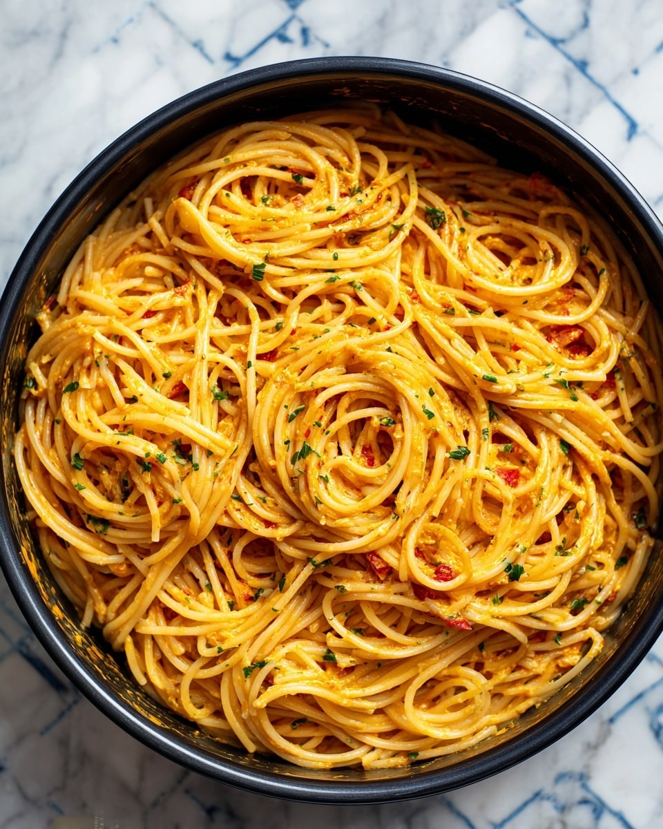 This image shows a round black springform pan filled with spaghetti pasta. The pasta is coated in an orange creamy sauce with small pieces of green herbs and some bits of red throughout. The spaghetti is layered and tangled evenly in the pan, creating a textured, full look. The pan is placed on a white marbled surface with a blue patterned tile design visible around it. The colors are bright and the image is clear. photo taken with an iphone --ar 4:5 --v 7