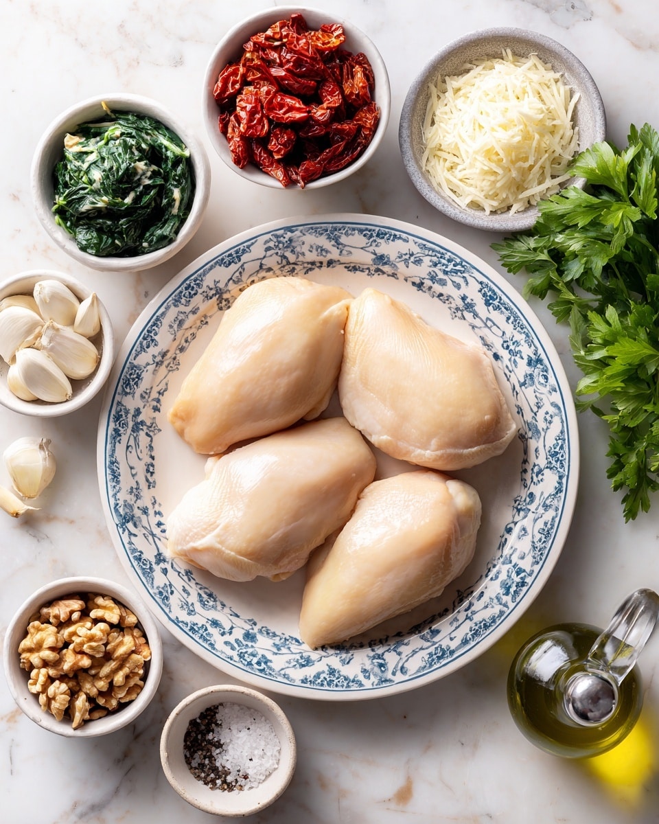 The image shows four smooth, light beige pieces of raw chicken laid neatly on a white plate with blue decorative patterns. Around the plate, there are small white bowls and dishes, each containing different cooking ingredients: bright green cooked spinach in a small white bowl at the top left, vivid red sun-dried tomatoes on a white plate just above, a small bowl of mixed herbs, two white garlic cloves on a gray dish, and a bunch of fresh green parsley on the top right. There are also a white bowl of white creamy sauce, a small bowl of shredded white cheese, a white bowl of light brown walnuts, a smaller bowl with pale grated cheese, and two tiny white bowls filled with salt and black pepper. A green bottle with a metal spout, likely for olive oil, is placed on the bottom right on the white marbled surface. The overall setup is clean and bright, with a balanced arrangement emphasizing fresh ingredients photo taken with an iphone --ar 4:5 --v 7