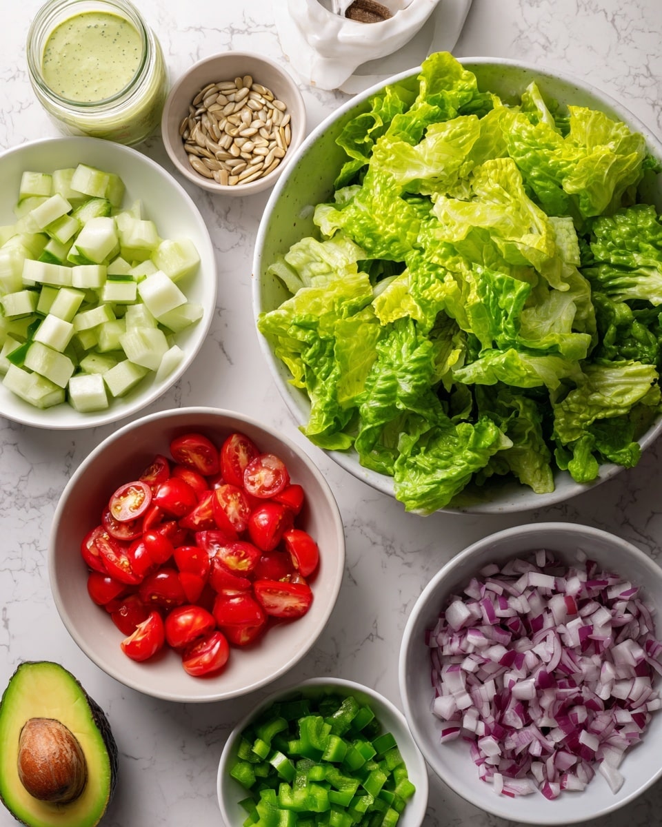 This image shows several white bowls and a white plate on a white marbled surface, each holding fresh salad ingredients. The largest white bowl on the right is filled with bright green leaf lettuce with crinkly texture. Around it are smaller white bowls containing light and dark green chopped green pepper, deep red chopped red onion, and red cherry tomatoes, some whole and some halved. A white plate holds pale green and white diced English cucumber. To the top left, a small white bowl contains light tan sunflower seeds, and next to it is a jar of creamy green goddess salad dressing with visible herbs. At the bottom left corner, a halved avocado with dark green skin and light green flesh is placed near the bowls. The whole setting is neat and colorful with fresh vegetables, arranged on a clean white marbled surface. Photo taken with an iphone --ar 4:5 --v 7