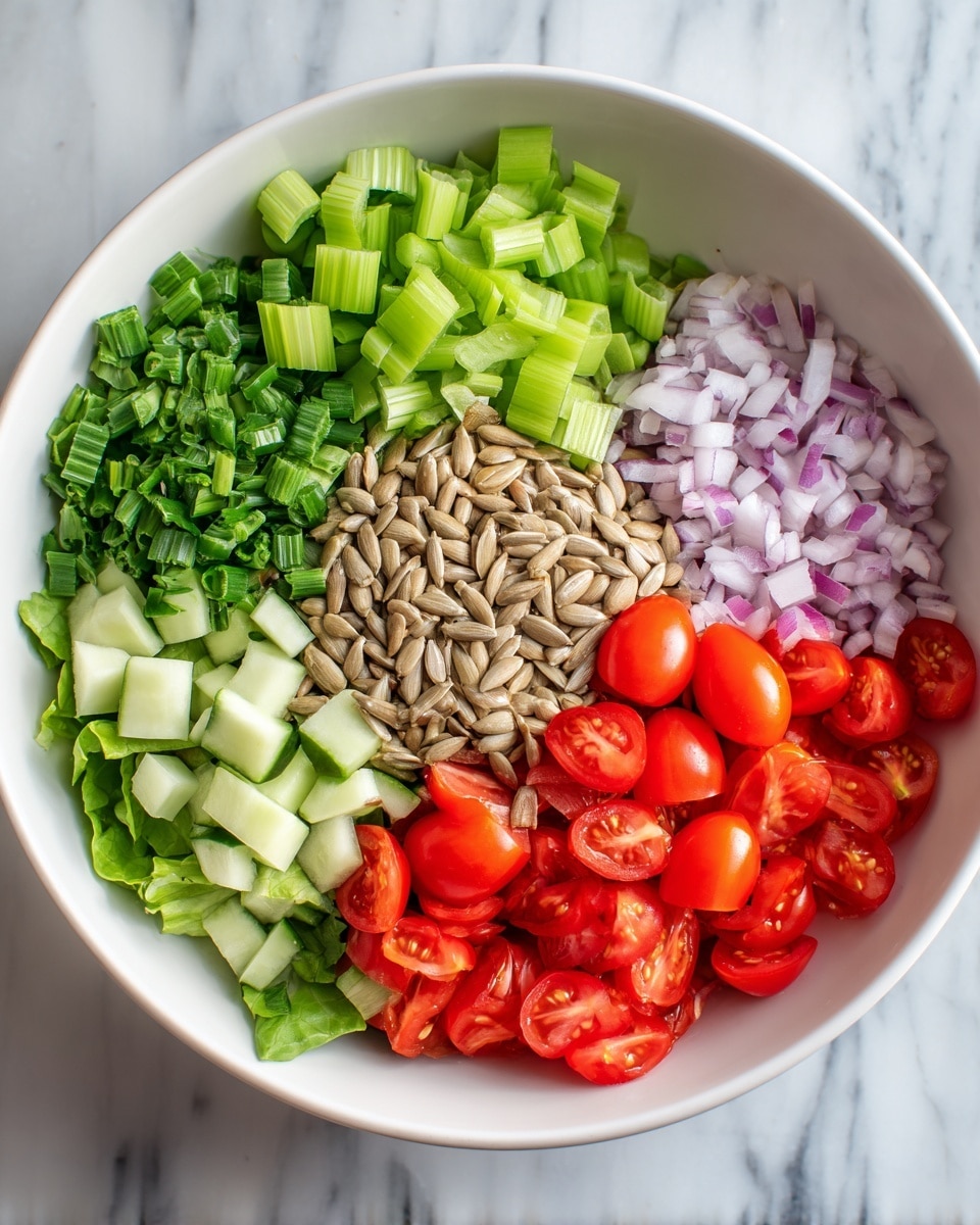 A white bowl sits on a white marbled surface filled with fresh salad ingredients arranged in distinct layers and sections. The bottom layer is made of green leafy lettuce covering the base. Over this, there are five clear sections: bright green chopped celery at the top left, finely diced light green cucumber below it, a pile of raw light brown sunflower seeds in the center, chopped red onion with white and purple pieces at the top right, and vibrant red halved cherry tomatoes on the bottom right, all placed separately but close together. The colors are fresh and bright, and the texture contrast between the crunchy vegetables and seeds is clear. Photo taken with an iphone --ar 4:5 --v 7