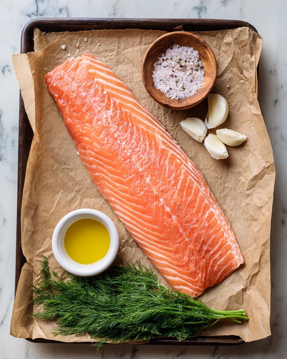 A large, pale pink rainbow trout fillet with fine white lines runs across a piece of crinkled brown paper on a dark baking tray. To the right of the fillet, two peeled garlic cloves sit near the top corner. Below the garlic, a small round wooden bowl contains coarse white salt mixed with black pepper. At the lower center of the tray, a small white vessel holds melted yellow butter. A green bunch of fresh dill lies flat along the bottom edge of the tray. The tray rests on a white marbled surface. photo taken with an iphone --ar 4:5 --v 7