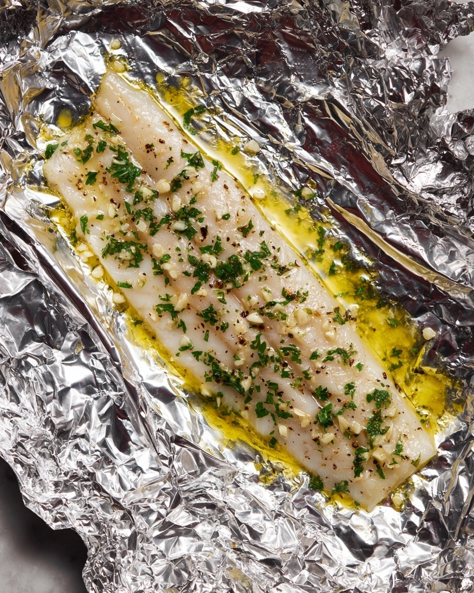 A piece of light beige fish fillet lies flat on shiny, crinkled silver aluminum foil that is laid out on a flat surface. The fish is lightly brushed with a yellowish oil and sprinkled with small bits of green herbs and tiny pieces of garlic, spread evenly over the top. The foil edges are folded upwards, framing the fish neatly. The background is a white marbled texture. photo taken with an iphone --ar 4:5 --v 7