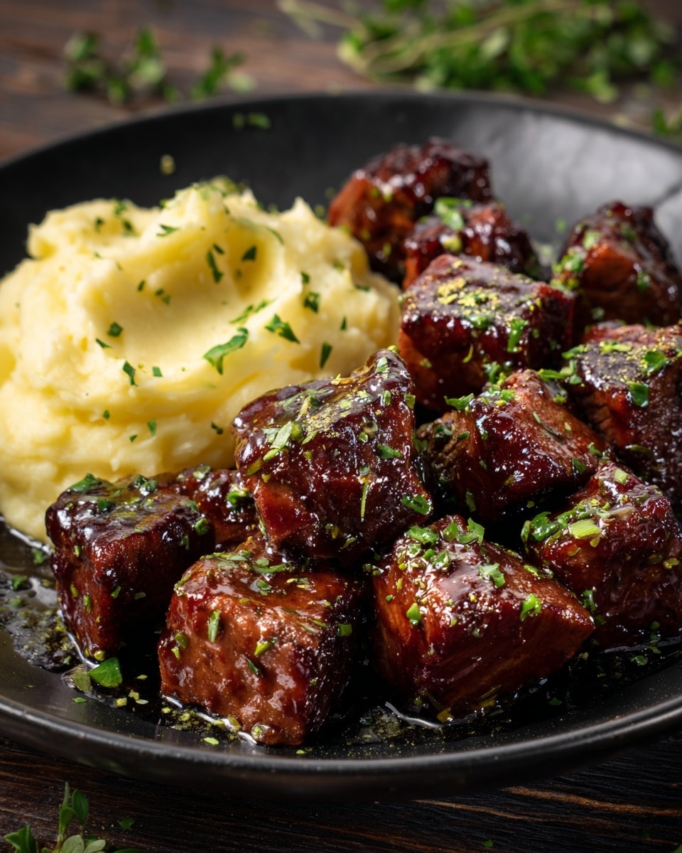 A close-up of a black plate with several pieces of glazed, dark brown meat cubes scattered in the center and right side, each piece shiny with sauce and sprinkled with small green herb bits; on the left side, there is a creamy, pale yellow mashed potato scoop with a smooth texture and gentle swirls. The plate sits on a dark wooden surface with some scattered green herbs. photo taken with an iphone --ar 4:5 --v 7