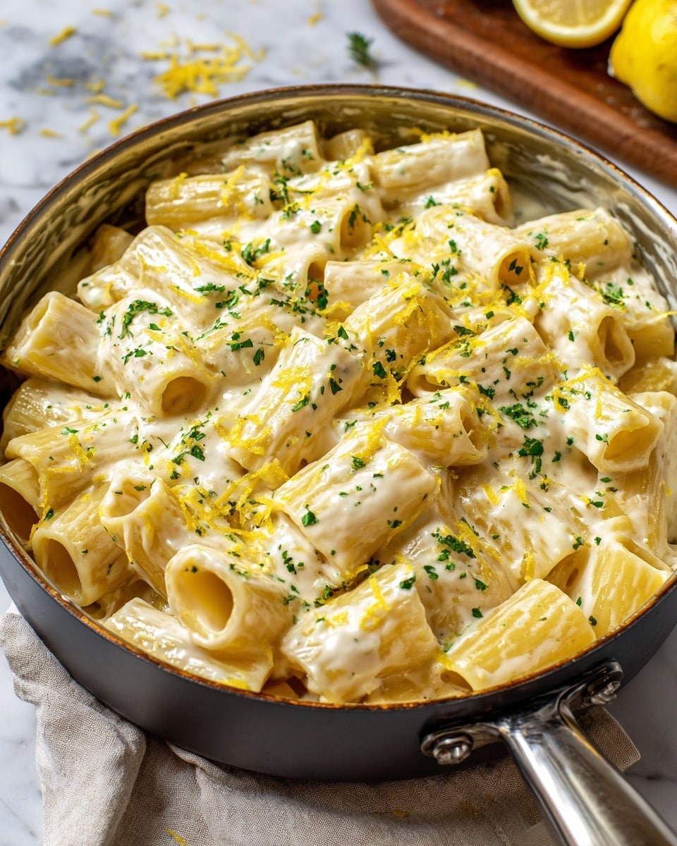The image shows a non-stick pan filled with rigatoni pasta coated in a thick, creamy white sauce with specks of green herbs evenly mixed throughout. The rigatoni pieces are pale yellow, smooth, and tubular, fully covered by the smooth, rich sauce which looks velvety and slightly glossy. There is a light sprinkle of grated cheese and small yellow zest shavings on top, adding texture and color contrast. The pan rests on a folded beige cloth on top of a white marbled surface. The background includes a blurred lemon wedge and wooden cutting board. Photo taken with an iphone --ar 4:5 --v 7