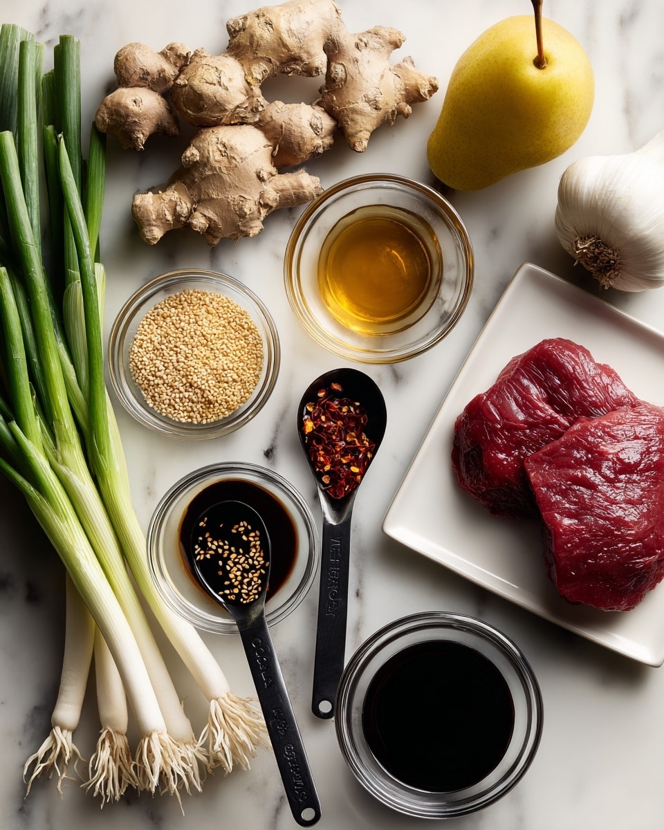 The image shows an array of ingredients on a white marbled surface. On the left, there is a bunch of fresh green onions with white roots, next to a large piece of light brown ginger root. Around the center are small clear glass bowls and black measuring spoons containing different ingredients: a small bowl of golden sesame seeds, a small bowl of light brown honey, a small bowl of dark soy sauce, a black 1/3 cup measuring cup filled with dark liquid, a black measuring spoon with red chili flakes, and a black 1/4 cup measuring cup holding light brown powder. At the top right, there is a whole white garlic bulb, and next to it a round yellow Asian pear. On the bottom right, a thick piece of raw, deep red meat lies on a white square plate. The photo taken with an iphone --ar 4:5 --v 7