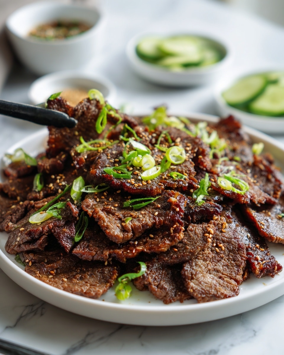The image shows a close-up of a black cast iron grill pan filled with thin, cooked strips of browned beef. The beef pieces are dark brown with a slightly crispy texture and are sprinkled with small white sesame seeds and chopped green onions scattered evenly on top. The pan sits on a white marbled surface, and fresh green onions are placed in the top right corner. A white and black striped cloth is partially visible under the pan on the left side. photo taken with an iphone --ar 4:5 --v 7