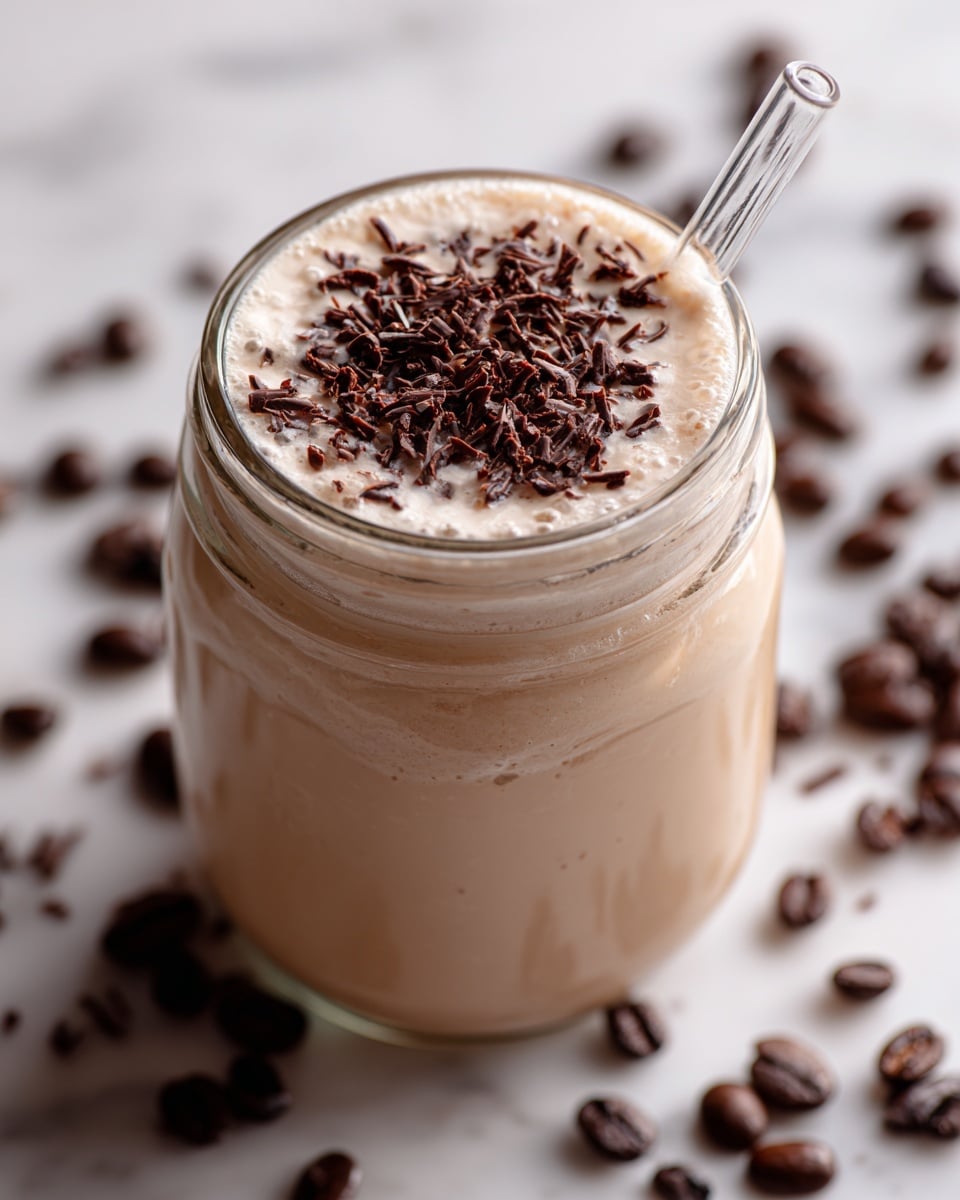 A close-up view of a creamy light brown drink served in a clear glass jar fills the frame from the top. The drink is topped with small dark brown chocolate shavings scattered evenly on the smooth surface. A clear glass straw is placed inside the jar, slightly off-center to the right. Around the jar, dark brown coffee beans are softly blurred against a white marbled surface, creating a gentle contrast with the light drink and background. photo taken with an iphone --ar 4:5 --v 7