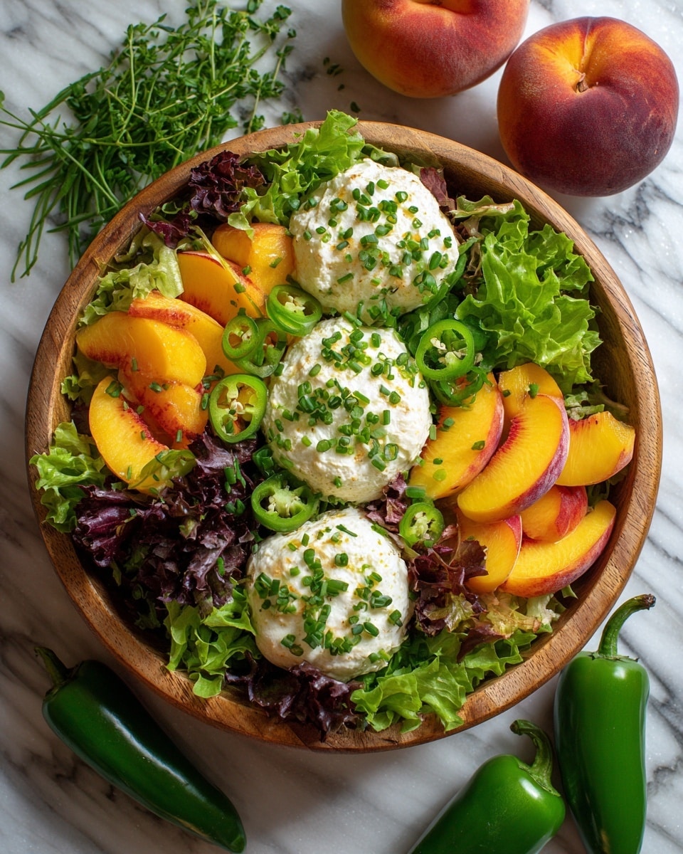 A wooden bowl filled with a colorful salad on a white marbled surface. The salad has three layers: the bottom layer is mixed green leaves including light green and dark purple lettuce; the middle layer is bright orange and red peach slices arranged evenly around the bowl; on top, there are three large dollops of creamy white cheese spaced out, sprinkled with finely chopped green herbs and small green sliced chili peppers scattered across the salad. Two silver forks and a spoon rest beside the bowl. Photo taken with an iphone --ar 4:5 --v 7