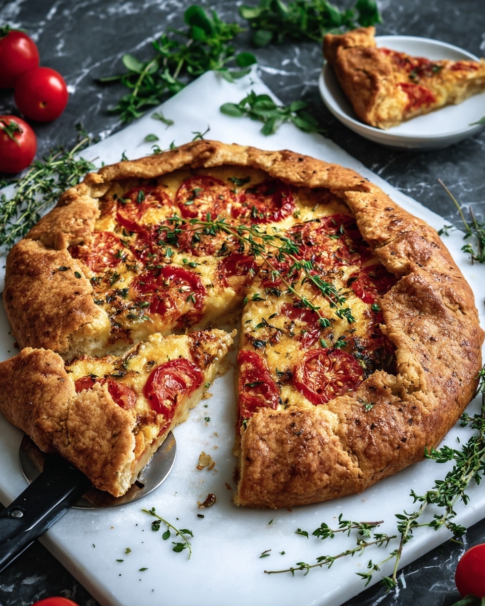 A round galette with a golden brown crust sits on a white baking tray. The crust is thick and folded over at the edges. Inside, the main layer is bright red tomato slices topped with small bits of cheese and sprinkled with green herbs, with some thyme sprigs placed on top. One slice of the galette is on a small white bowl to the side. A black pizza cutter rests on the tray next to the galette. Around the tray, there are fresh green herbs and red tomatoes on a dark white marbled surface. photo taken with an iphone --ar 4:5 --v 7