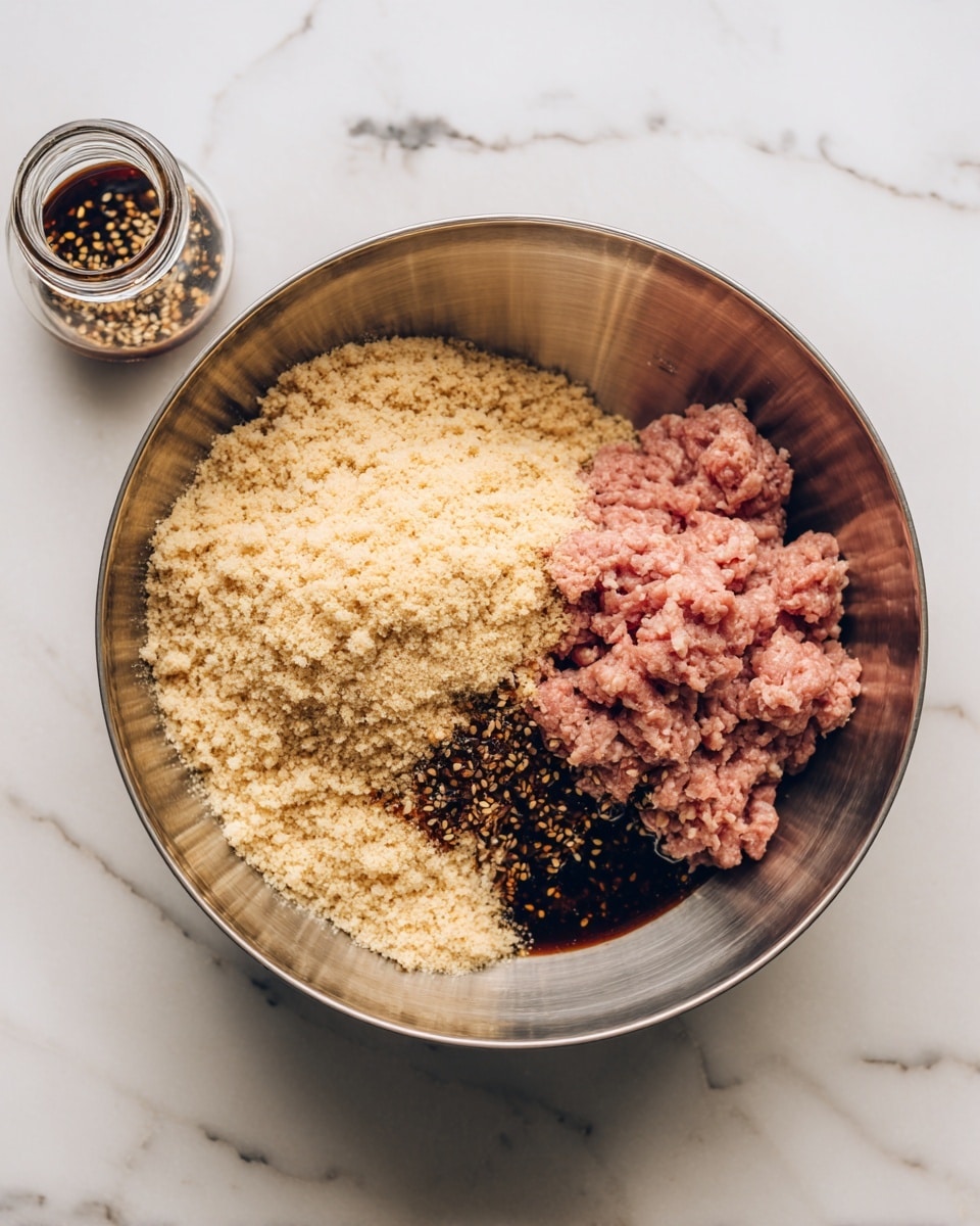 A metal bowl on a white marbled surface holds three main layers of ingredients side by side without mixing. On the left is a large pile of light tan bread crumbs with a fine, crumbly texture. On the right, smooth and soft ground meat is light pink in color. Above the meat, a dark brown sauce with visible sesame seeds covers part of the meat and spreads slightly toward the bread crumbs. Next to the bowl, a glass bottle with some dark sauce and sesame seeds inside sits on the white marbled surface. photo taken with an iphone --ar 4:5 --v 7