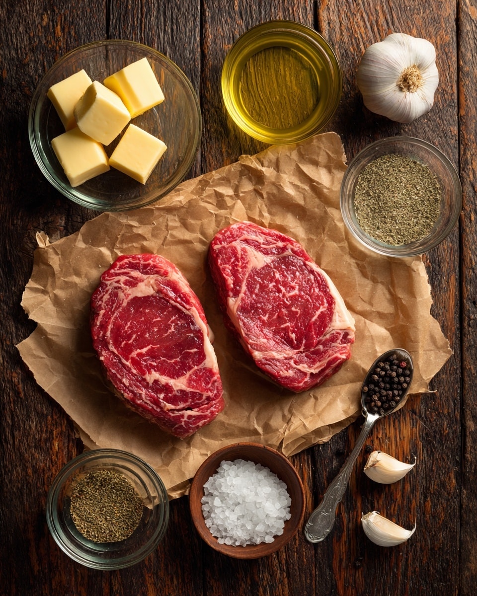Two raw red steaks with white marbling sit side by side on a piece of brown parchment paper in the center of a dark wooden surface. Around the steaks are small glass bowls with ingredients: one bowl with yellow butter cubes, another with greenish olive oil, a third with white salt, and a fourth with light brown ground pepper next to a spoon holding black peppercorns. Two garlic cloves rest near the right edge. The whole scene is viewed from above, showing a rustic preparation setup. photo taken with an iphone --ar 4:5 --v 7
