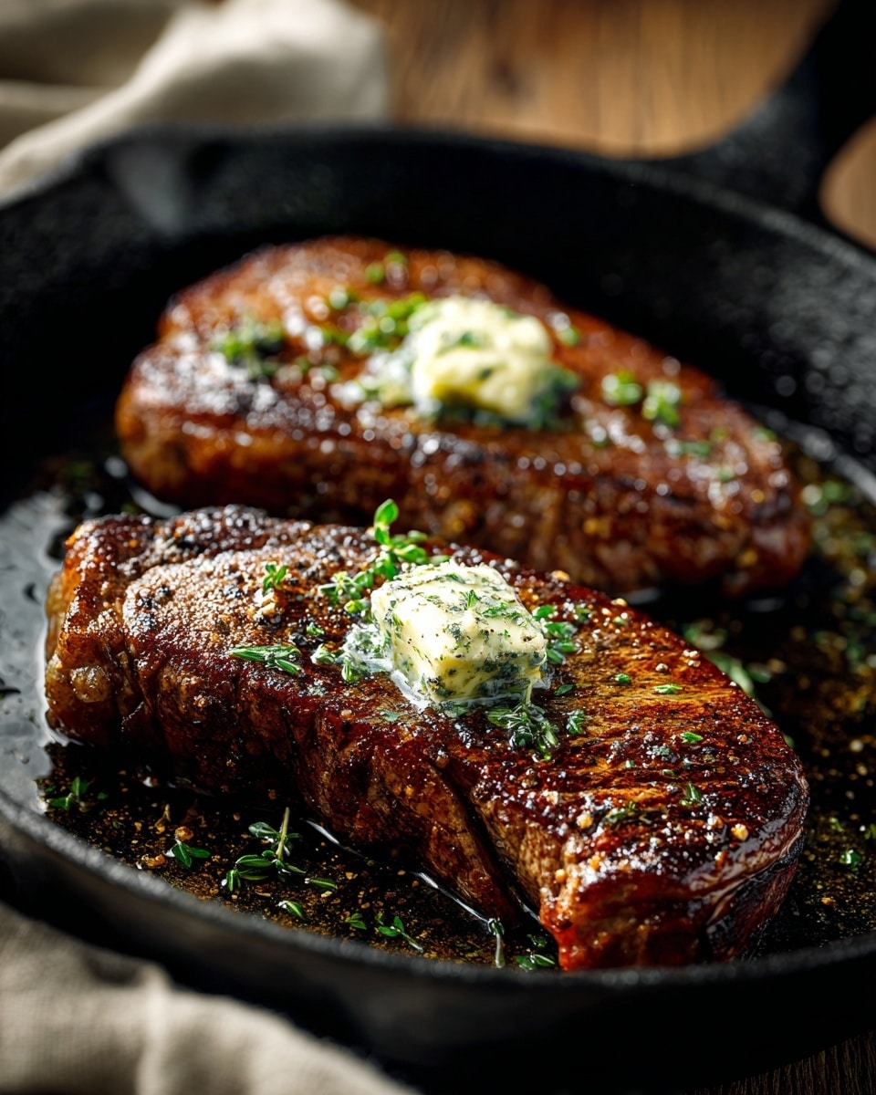 Two cooked steaks with a shiny brown crust sit inside a black cast iron pan. Each steak has a small dollop of melting butter on top, surrounded by tiny green herb pieces scattered over them. The steaks have a textured, juicy surface with some black pepper visible. The pan holds some shiny oil that reflects light, and the steaks look warm and freshly cooked. The background shows a soft cloth and blurred wooden elements. photo taken with an iphone --ar 4:5 --v 7