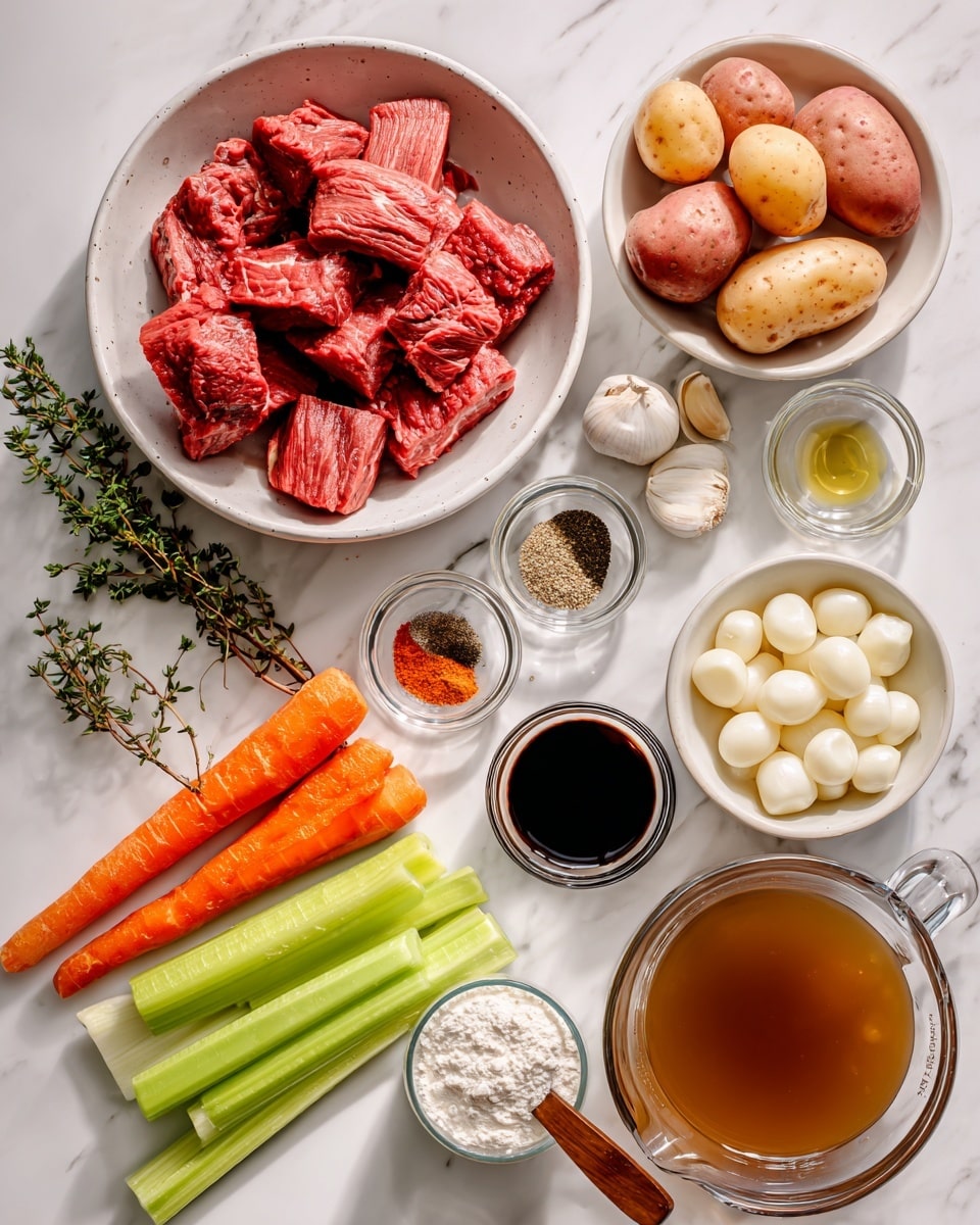 The image shows many cooking ingredients laid out on a white marbled surface. There is one large white bowl with raw red meat pieces, one bowl with small red potatoes, and another bowl filled with small white pearl onions. Next to them are three orange carrots and several celery stalks with green leaves still attached. Small glass bowls hold various spices and seasonings like black pepper, dried herbs, salt, paprika, and a dark liquid, possibly soy sauce, in a small measuring cup with a wooden handle. There is also a small amount of tomato paste in a glass bowl, two cloves of garlic, olive oil in a small bowl, flour in a larger glass bowl, water in a drinking glass, and a clear measuring cup filled with brown broth. The ingredients are neatly arranged and spaced, all set against the bright, clean white marbled background photo taken with an iphone --ar 4:5 --v 7